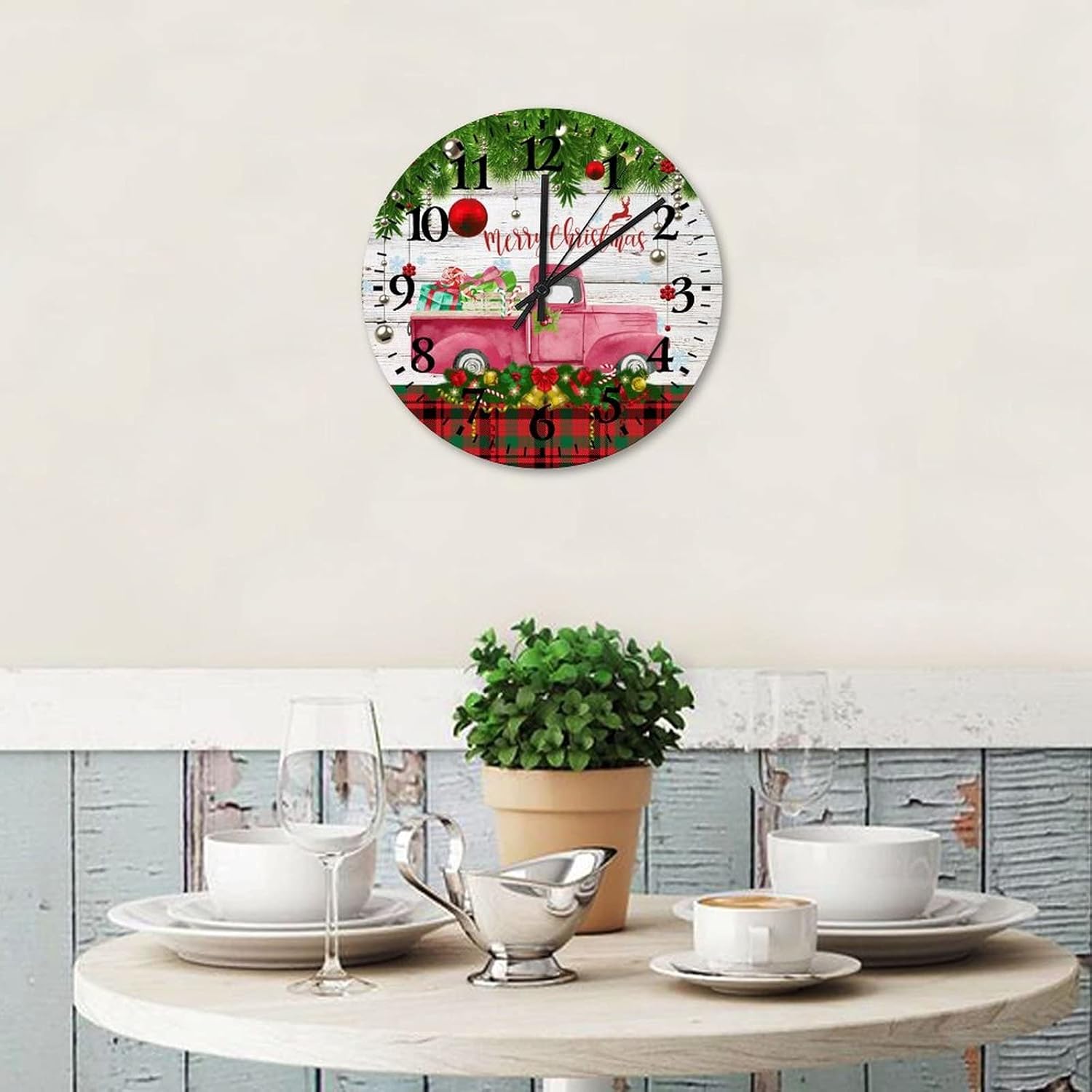 Wood Wall Clock Merry Christmas Tree Truck Office Decor for Men Battery Operated Quartz Analog Quiet Arabic Numbers Red Truck and Merry Christmas Tree Round Clock for Home Office School 12 Inch