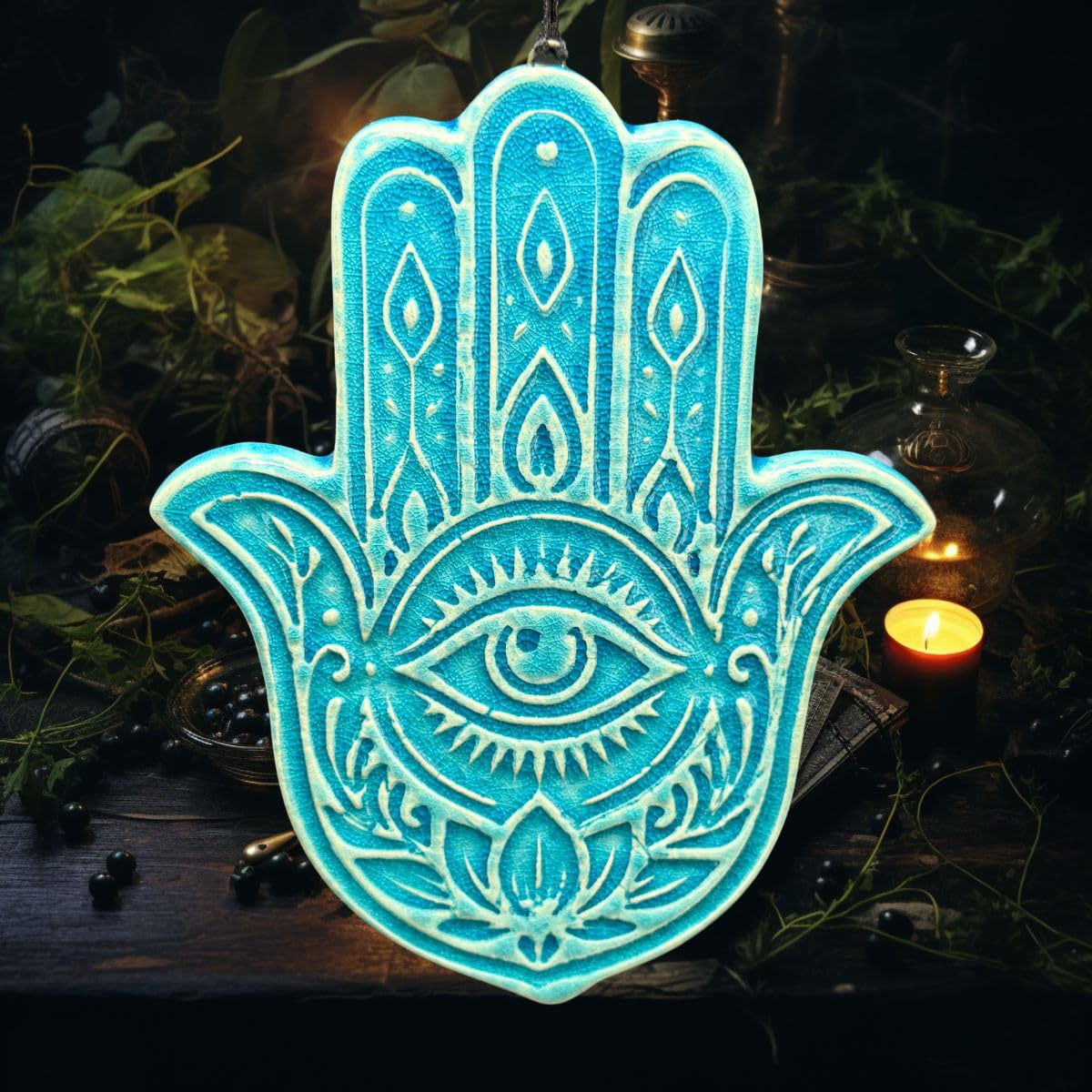 Amulet ceramiczny Hamsa (ręka Fatmy) - amulet chroniący przed złą energią, osobista ochrona wibracyjna (turkusowa zieleń)