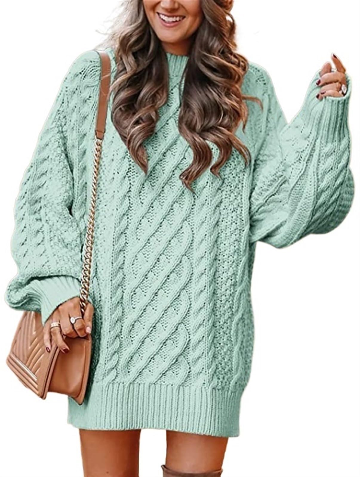 SINLEX Women Long Sleeve Oversized Cable Knit Chunky Baggy Loose Pullover Tunic Mini Sweater Dress Trendy Fall Outfits(Blue2,XS)