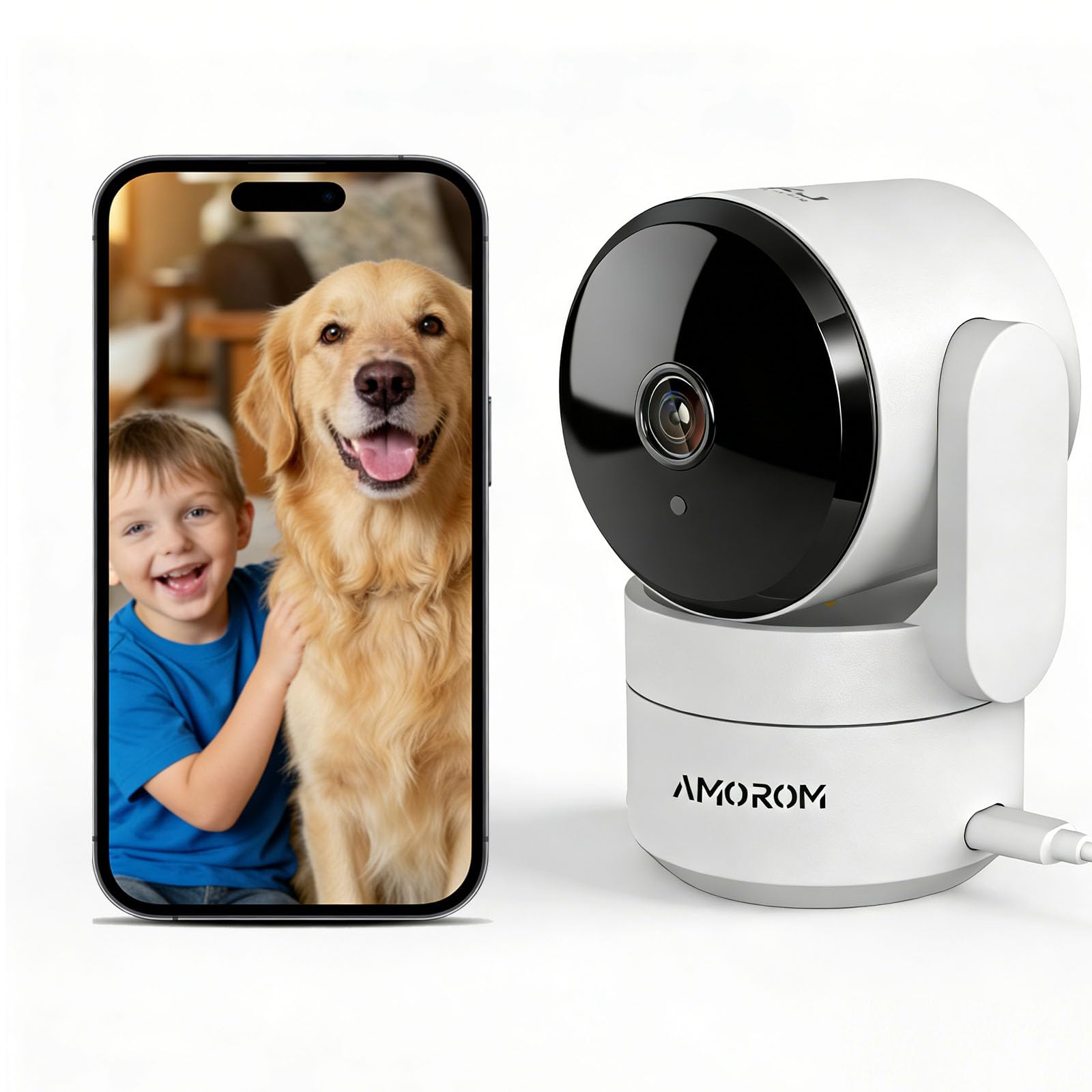 AMOROM WLAN Überwachungskamera Innen 360°, KI-Kamera Überwachung mit Benutzerdefinierte Szenariowarnungen(Reduzieren Sie Fehlalarme), Funktioniert mit Alexa, 2,4G WiFi, 1 Stück