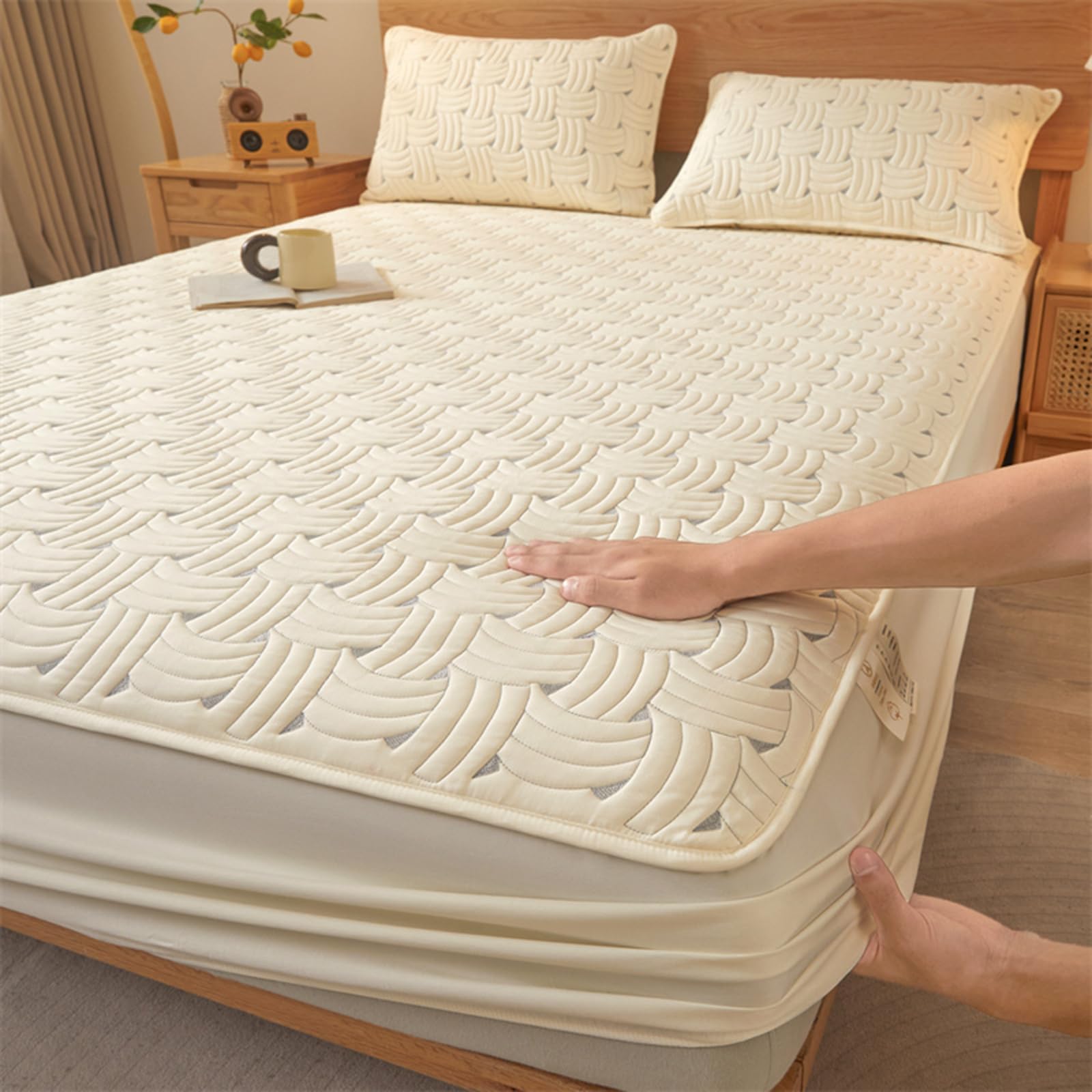 Protège-Matelas Matelassé Alèse Surmatelas 70/80/140/160/170cm Couvre/Protégé Matelas Ajustable+30 Grand Bonnet Housse de Protection pour Matelas Respirant Lavable Draps-Housses (130x190+30cm,White A)