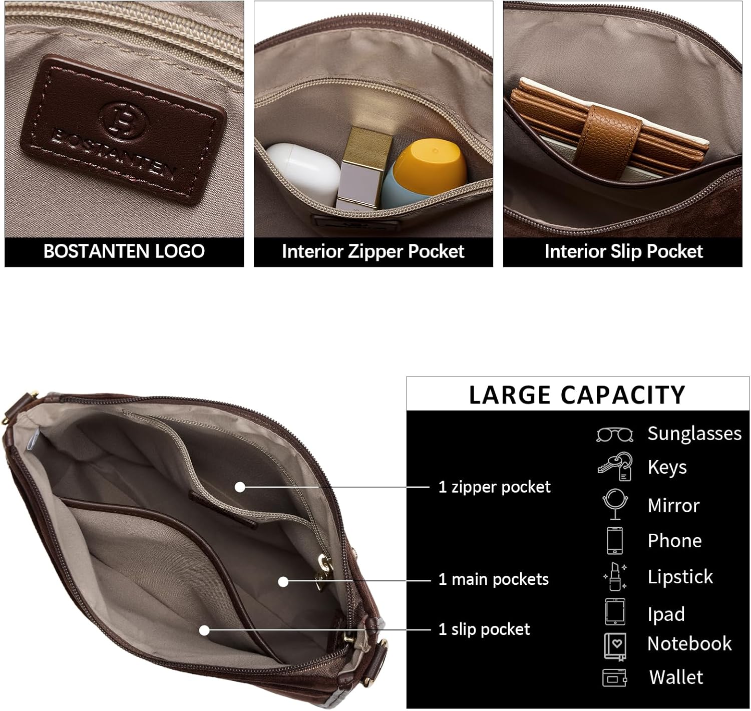 BOSTANTEN Crossbody Bags for Women Trendy Vegan Leather Hobo Purses Shoulder Handbags Wide Shoulder Strap - Image 4