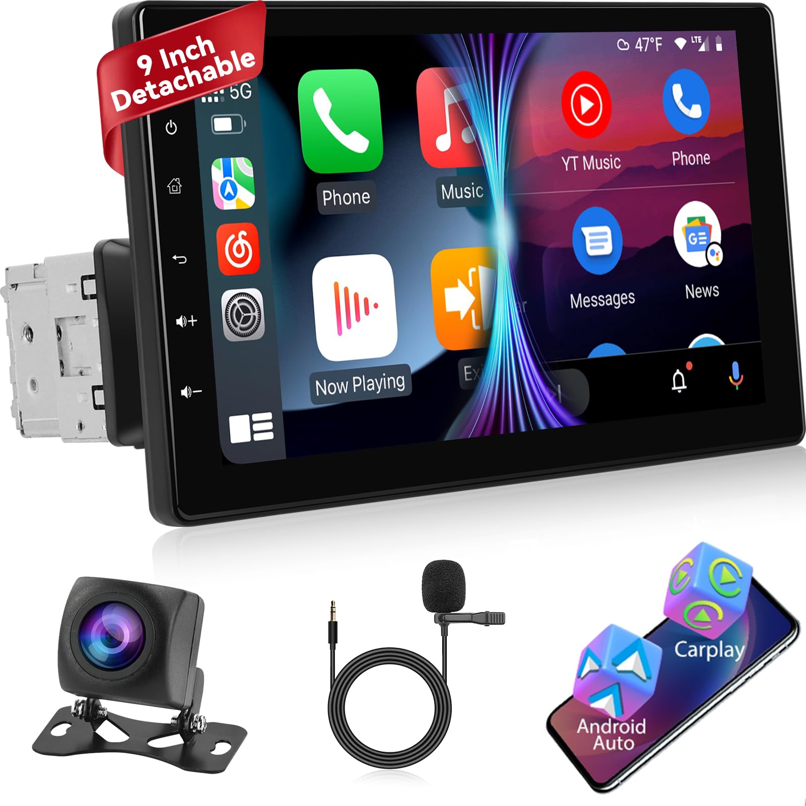 Radio 1 DIN con Pantalla con Inalámbrico Carplay y Android Auto - Radio Coche Bluetooth Pantalla Táctil Desmontable de 9 Pulgadas con Enlace Espejo, EQ, FM, TF/USB/Puerto AUX +Cámara de Marcha Atrás