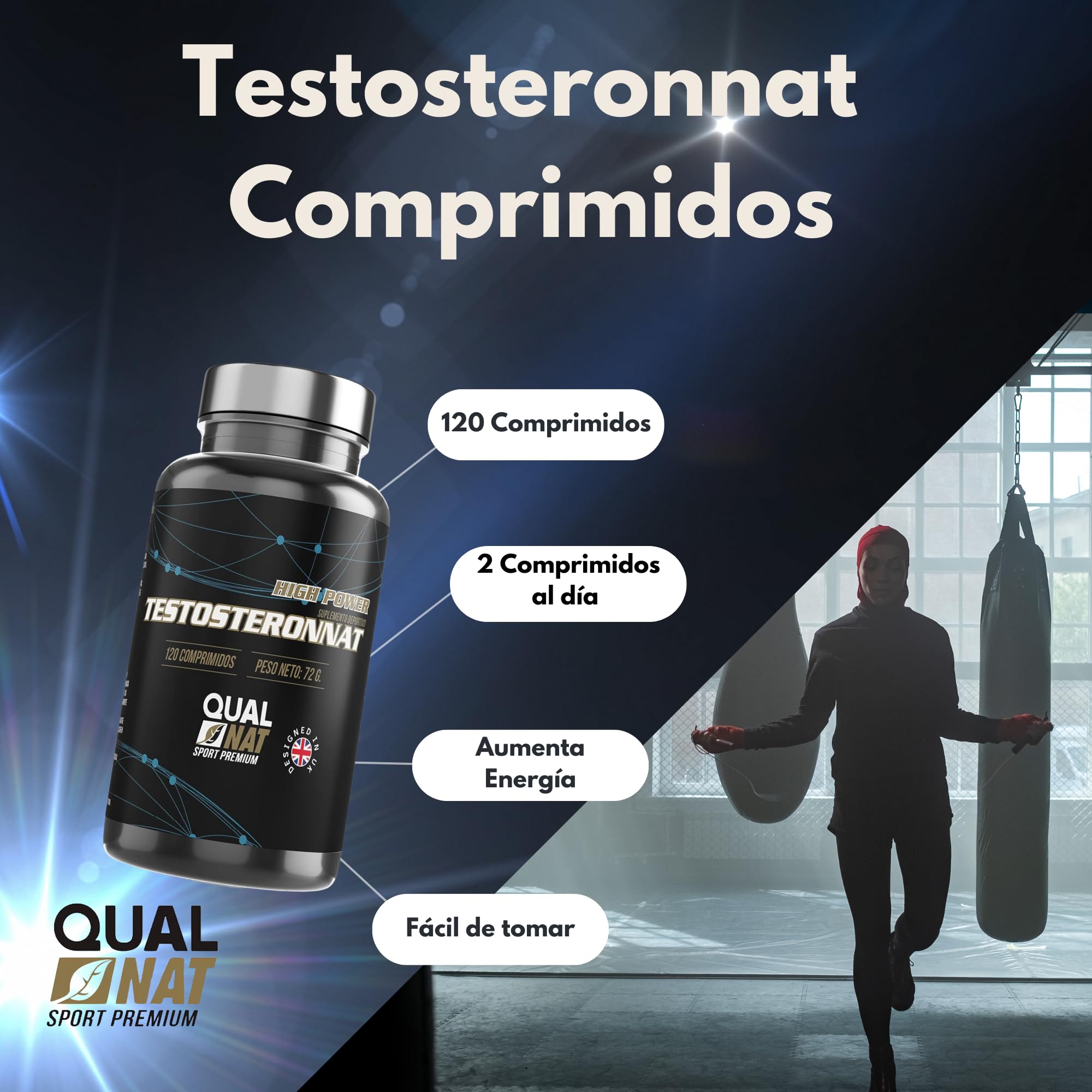 Testosterona Pura para Hombres | Aumenta el Crecimiento Muscular y La Energía | Maca + Zinc | Más Resistencia | Mejora el rendimiento deportivo | 120 Comprimidos | Qualnat