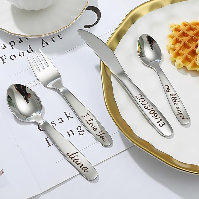 Malihome Custom-Engraved Four-Piece Children's Tableware Set, Personalized Name Fork/Knife/Spoon 304 Stainless Steel Tableware, Birthday Gift, Baby's Exclusive Tableware (Silver)
