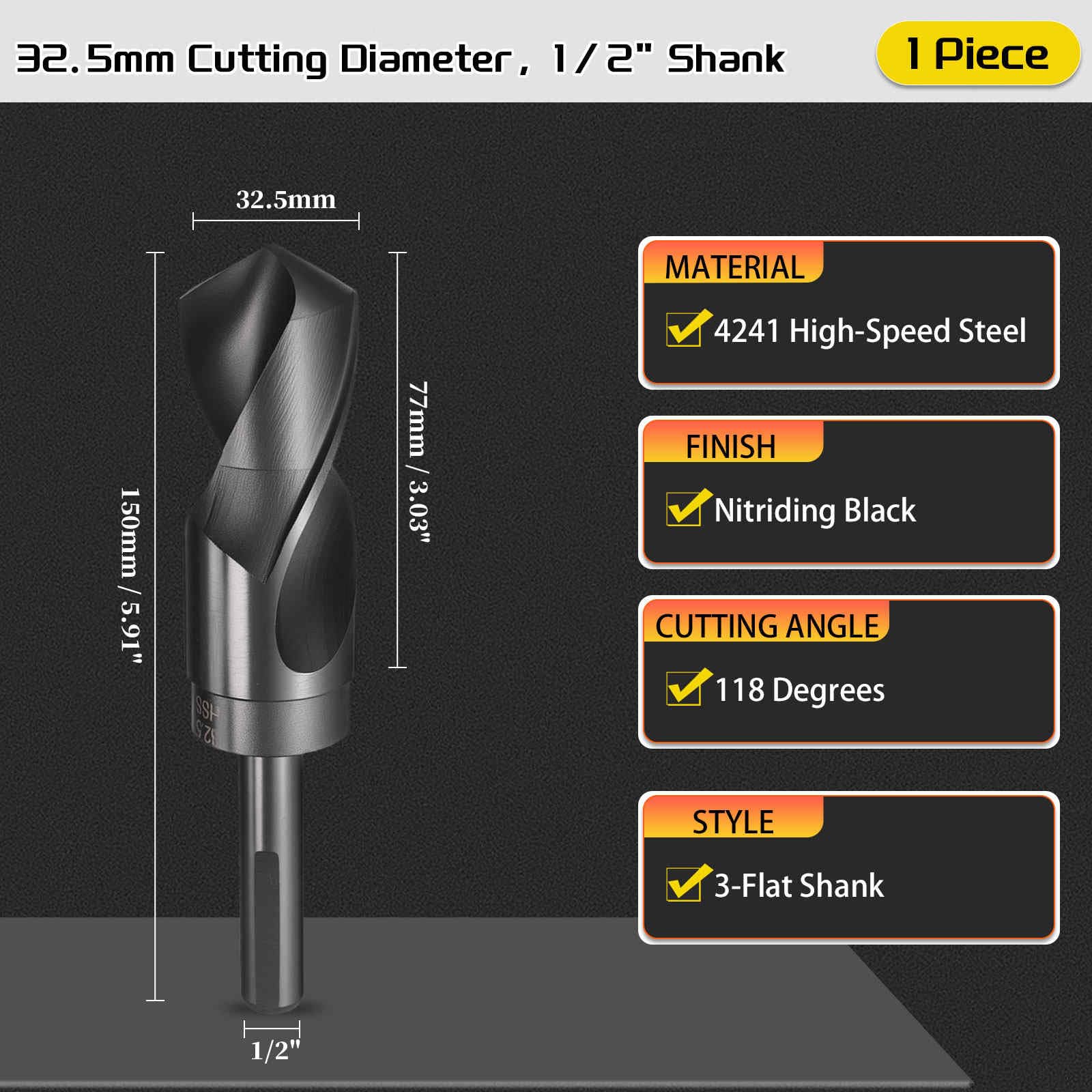 CoCud Drill Bit, 32.5mm Cutting Diameter, 1/2" Reduced Shank 3-Flat 4341 HSS Nitriding Black 118° Cutting Angle Bits - Image 2