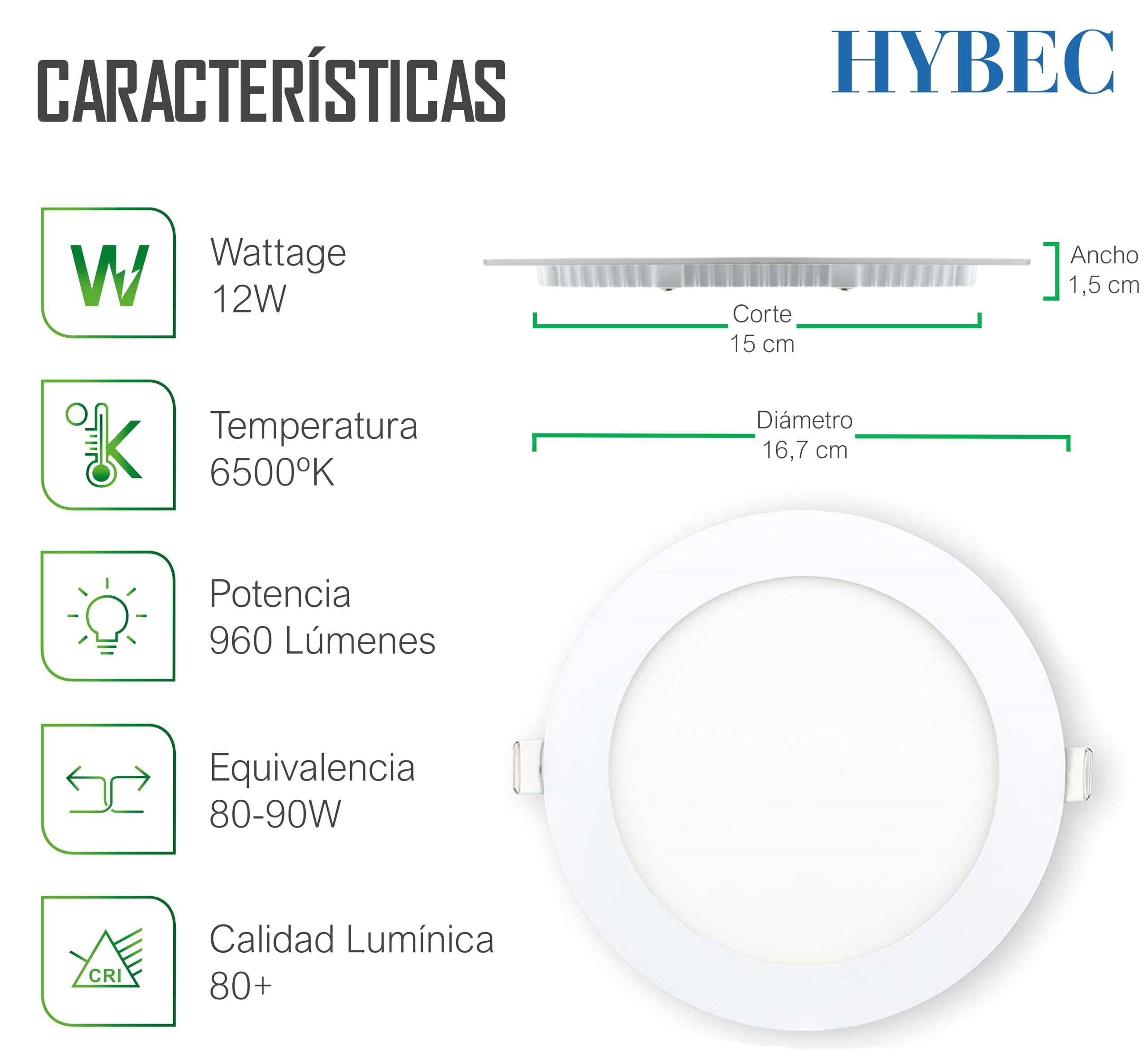 CLAR Hybec - Downlight LED techo empotrable, Luz Cálida 3000ºK 12W (Pack 5)