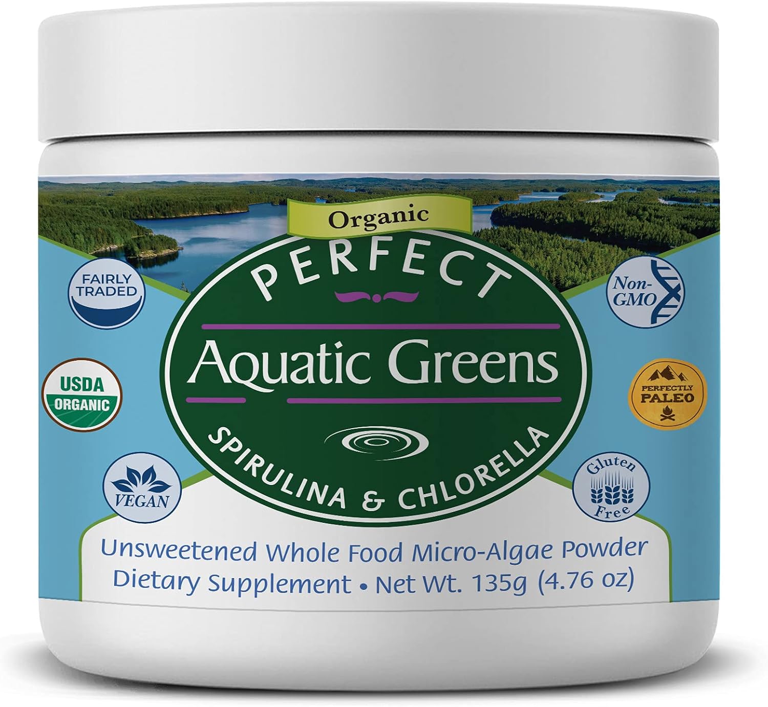 Perfect Supplements Aquatic Greens Powder | Organic Spirulina and Chlorella Blend | Vegan Superfood | Non-GMO | 135g