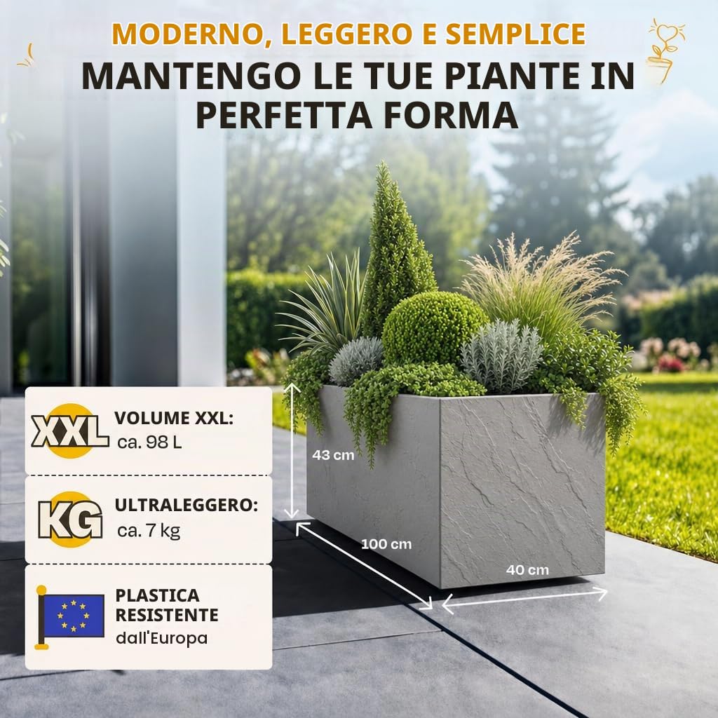 Ondis24 Vulkan Pierre Vaso da fiori, 100 cm, effetto ardesia con serbatoio d'acqua, resistente all'inverno (grigio chiaro)