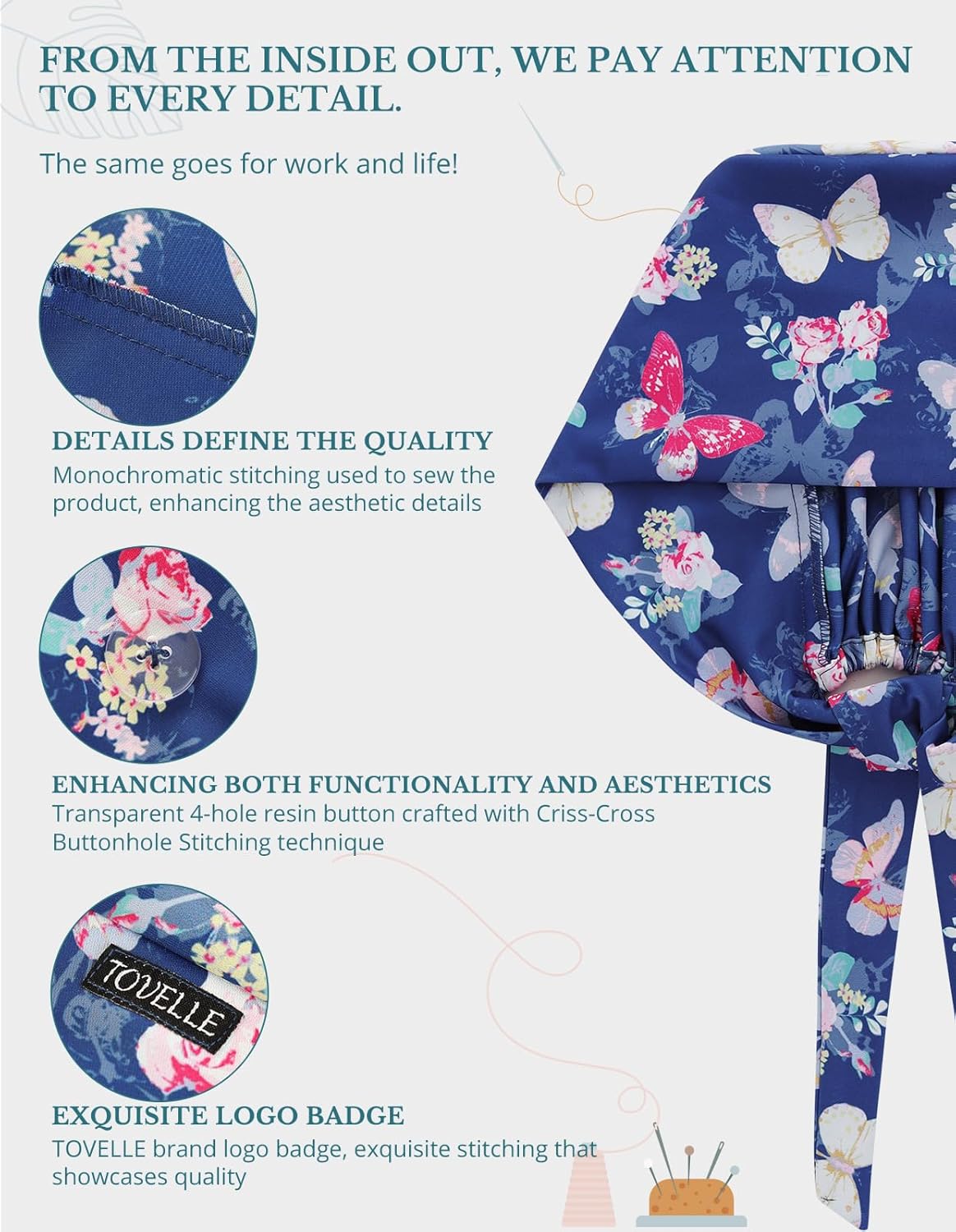 Scrub Caps Women, Double-Sided Printed Adjustable Women's Surgical Cap with Buttons, Breathable Design for Nurses and Doctors - Image 2