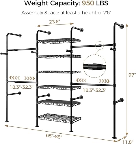 Miniatura 2 de Organizador y almacenamiento de armario, perchero resistente de 3 filas para colgar ropa, sistema de armario montado en la pared con 4 varillas