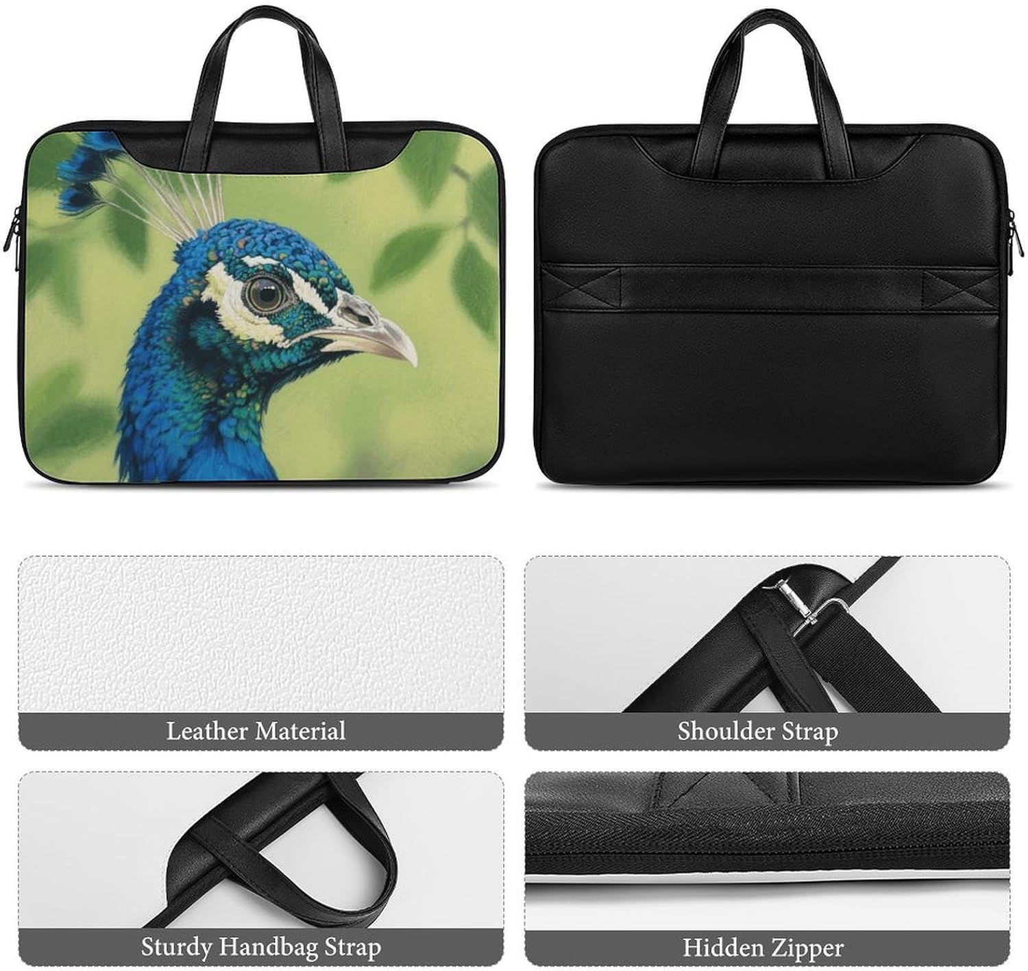 Peacock Head PU Leather Laptop Tote Bag image 5