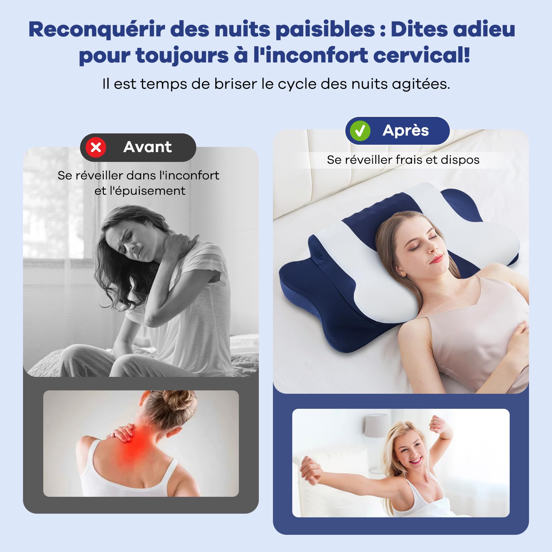 DONAMA Oreiller Ergonomique Cervical à Mémoire de Forme Haute Densité, Mousse à Rebond Lent pour Soutien du Cou et de la Nuque, Conception 2 en 1 pour Dormeurs sur Le Côté, Le Dos et Le Ventre