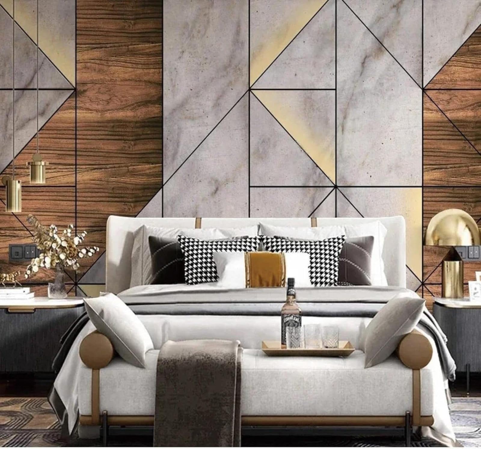 XLMING Abstract Luxury Geometric Woodgrain Marble Effect 3D Wallpaper Luxury Silk Study Dining Feature Sofa Grey Bedroom Living Room Tv Decorative Wall-250cm×170cm