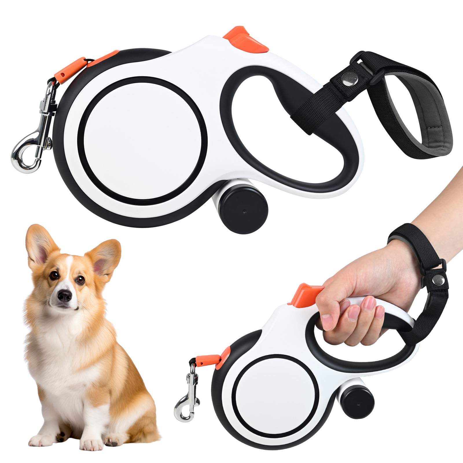 Correa retráctil de 26 pies para perros de hasta 50 kg con dispensador de bolsas de excrementos desmontable, cinta de poliéster resistente que no se enreda, mango antideslizante, bloqueo