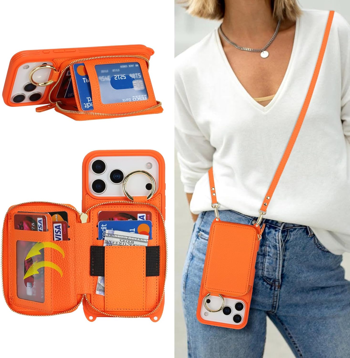 Jaorty Crossbody Wallet Case for iPhone 17 Pro Max with Shoulder Stap,Finger Ring, PU Leather Zipper Handbag Purse Flip Cover, Kickstand Folio Case with Card Slots Holder 5G 6.9 Inch, Orange