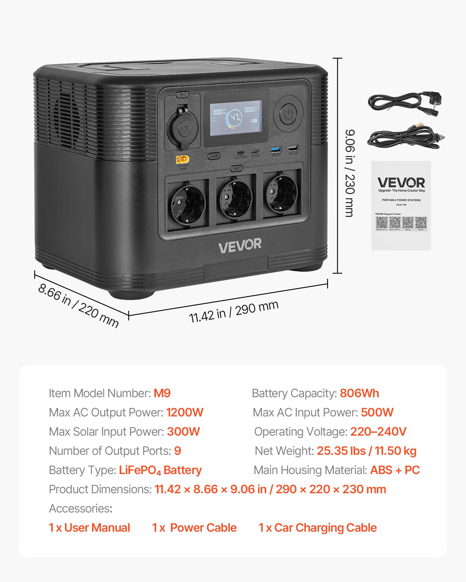 VEVOR Estación de Energía Portátil 1200 W, Generador de Energía Batería de Respaldo LiFePO4 de 806 WH con 9 Puertos de Salida para Hogar, Campamentos, Viajes en Autocaravana, Panel Solar No Incluido