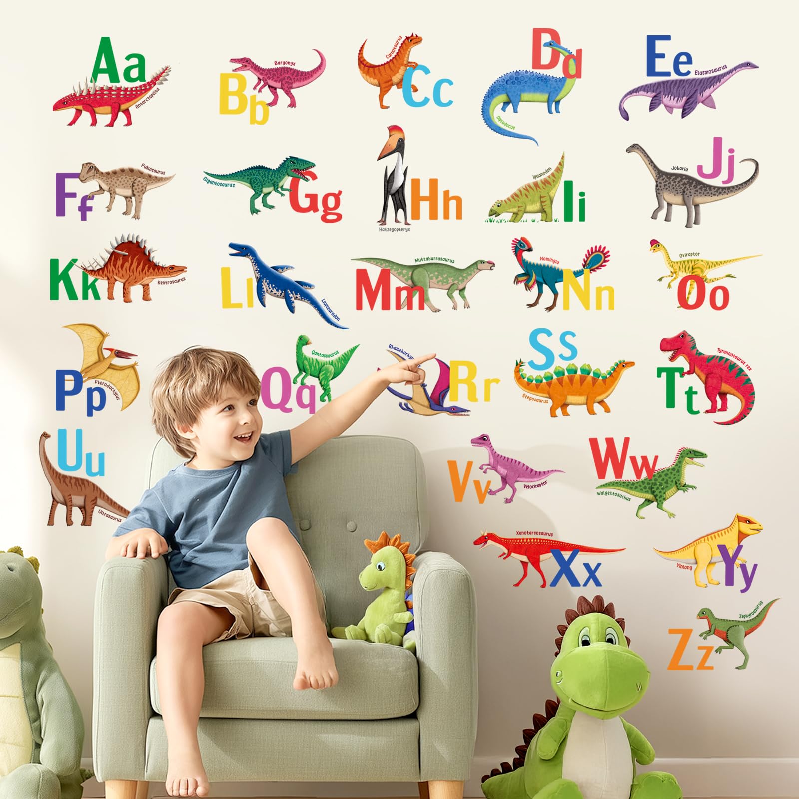 Decowall Boys Dino Abc Dinosaur Alphabet Wall Stickers – Colourful Abc Learning Wall Decals For Kids’ Bedroom, Nursery & Playroom, Removable Educational Letters For Classroom (Ds9-8080)