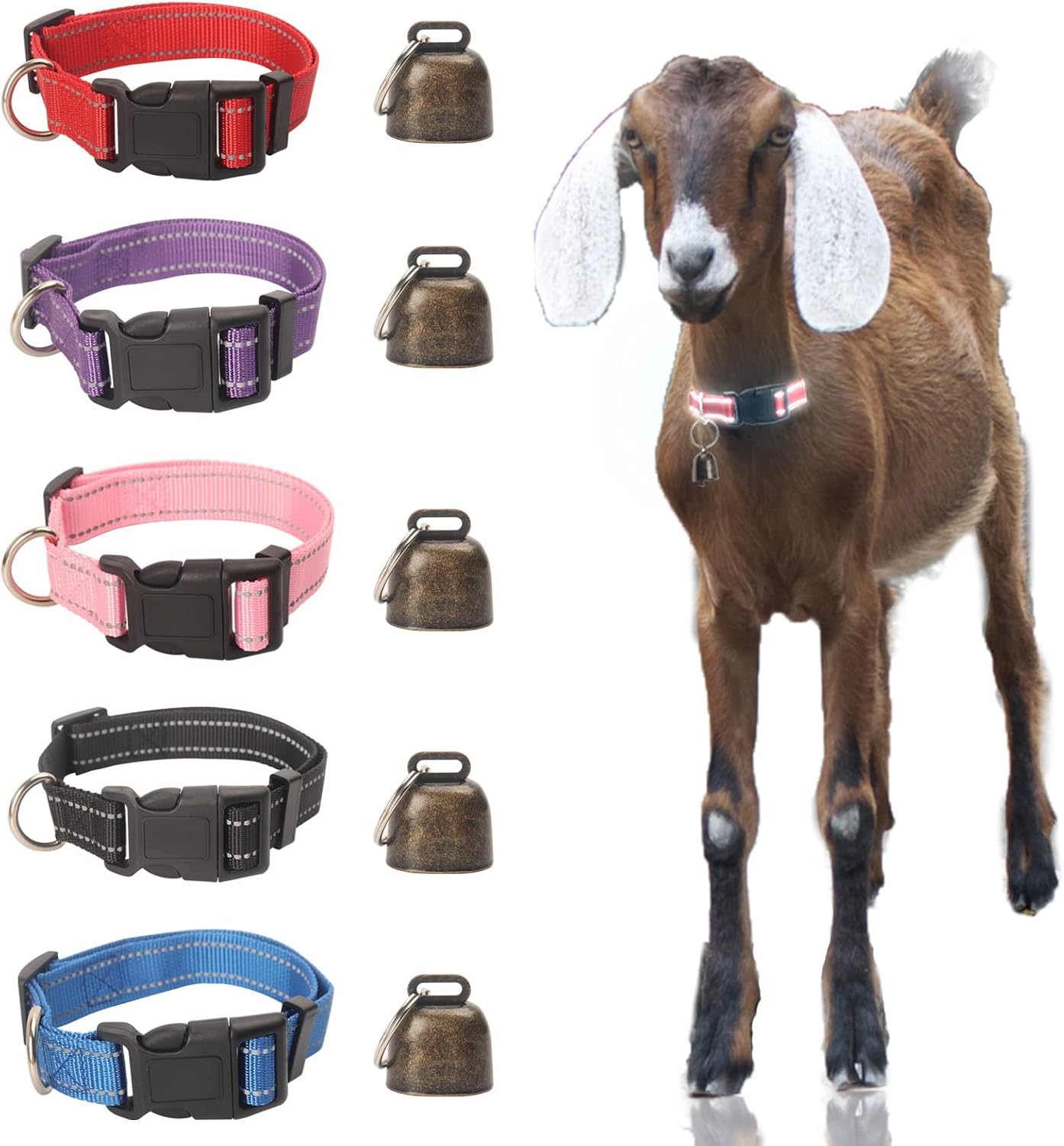 5 Pieces Goat Collar with Bell Reflective Adjustable Nylon Collar Set Sheep Collar with Bell Pet Anti-Lost Pasture Pet Goat Accessories
