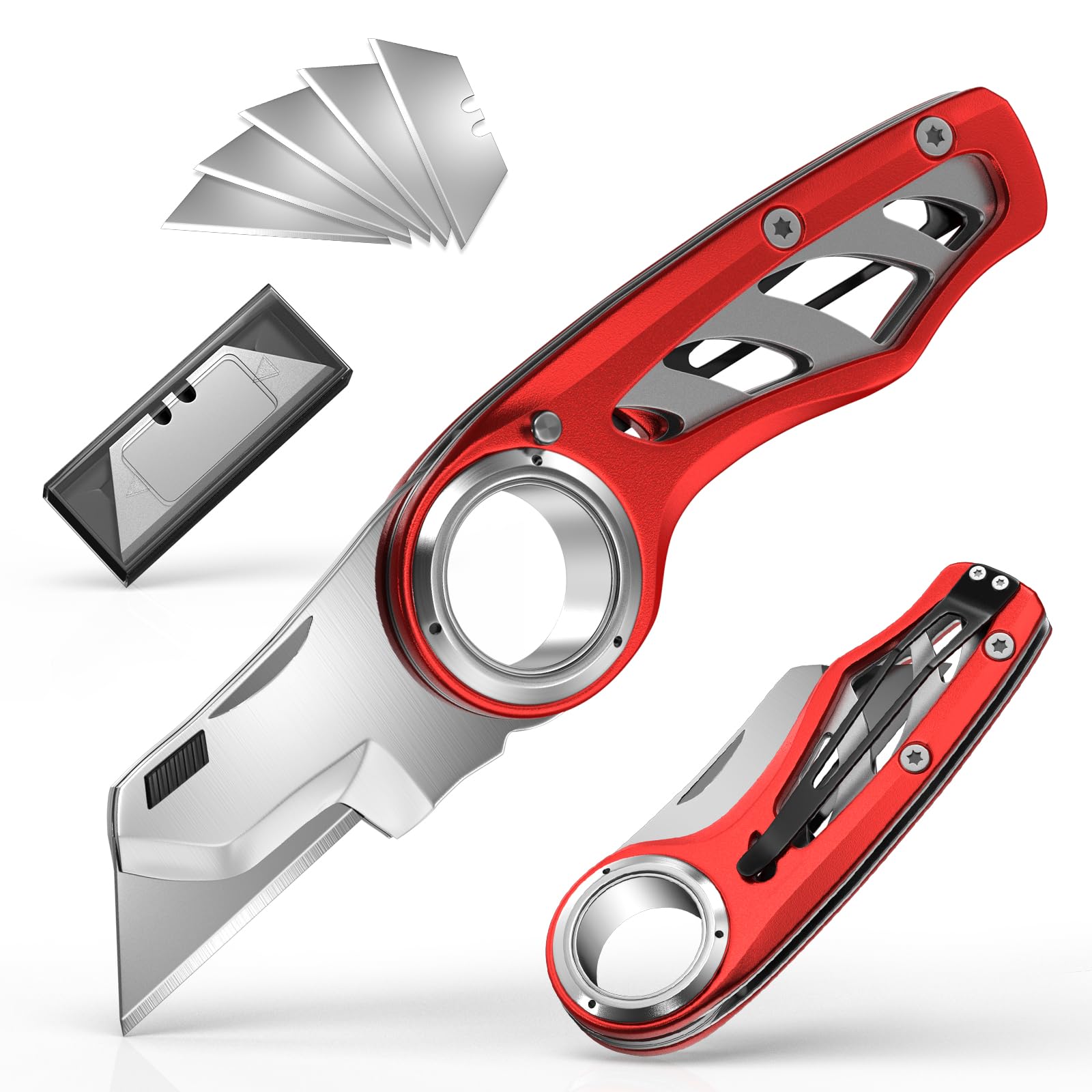 Folding Utility Knife Pocket Knife, Heavy-Duty Box Cutter with Anti Slip Finger Loop, Quick Change Blade Razor Knife, Box Cutters for Home, Office,