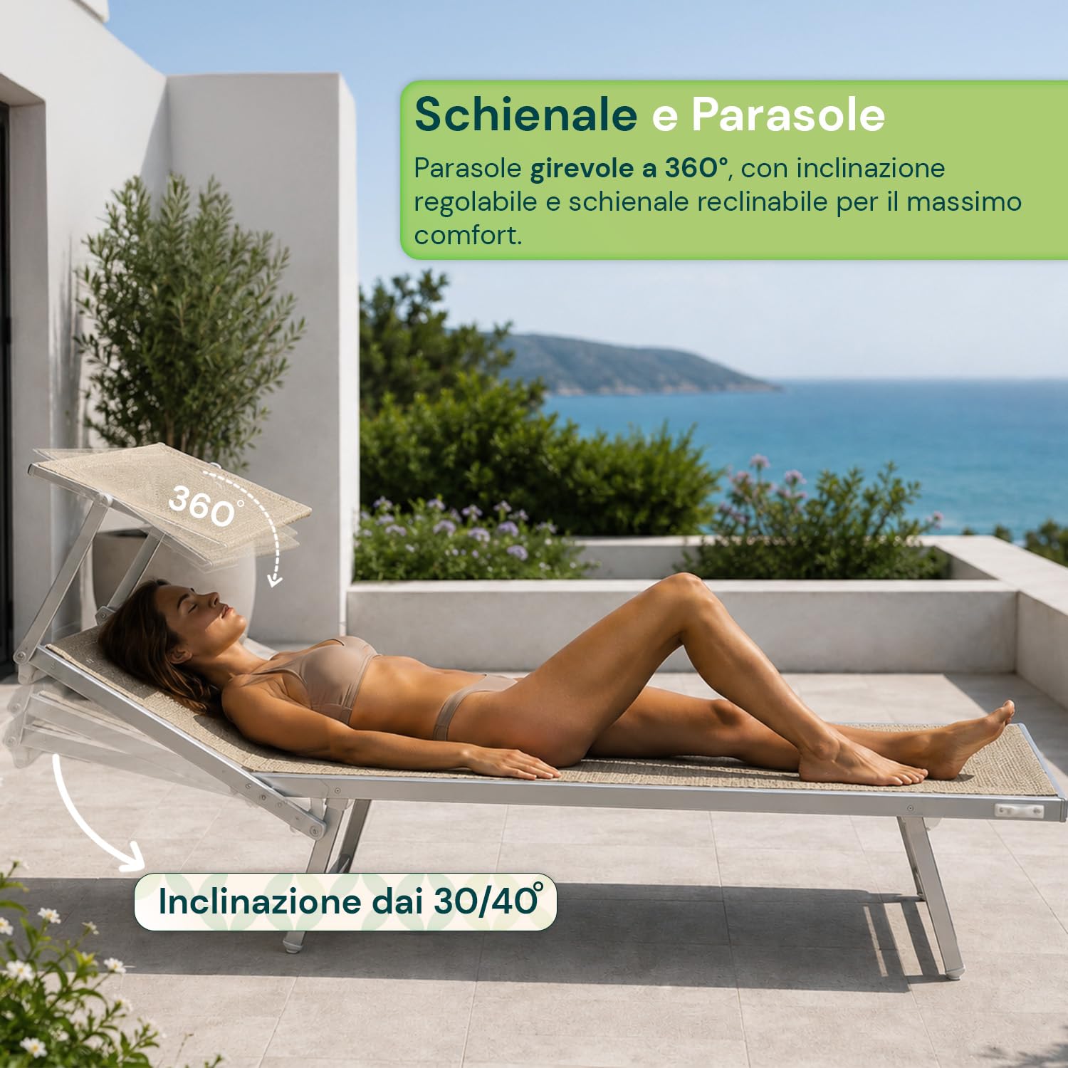Avilia - Lettino Prendisole da Giardino con Parasole Girevole 360° – Alluminio, Texilene, 150 kg | Sdraio da Mare Pieghevole, Schienale 30-40°, L60×P186×A44/94 cm, Chiuso L60×A148 cm