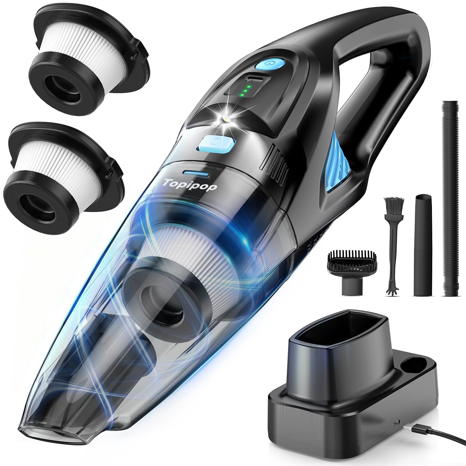 Topipop Handstaubsauger, 25000Pa Handstaubsauger Akku mit Ladestation, waschbarem HEPA Filter & 45 Min. Nutzungsdauer, inkl. LED Licht, Handsauger mit 3 Köpfe für Küche, Büro, Auto, Tierhaare(Schwarz)