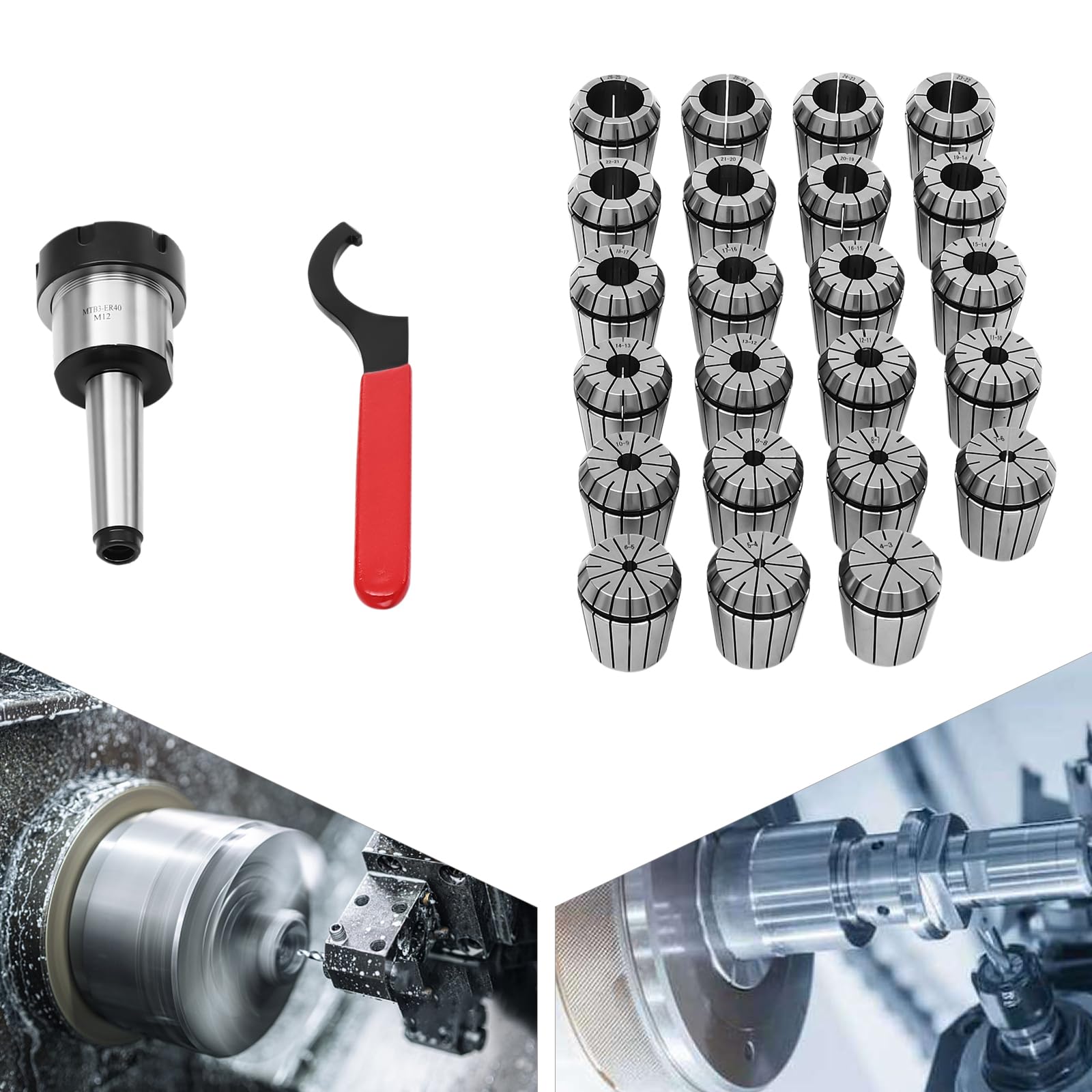 Lot de 23 pinces de serrage ER40 pour mandrin MK3 M12 de haute précision 4-26 mm pour fraiseuse CNC