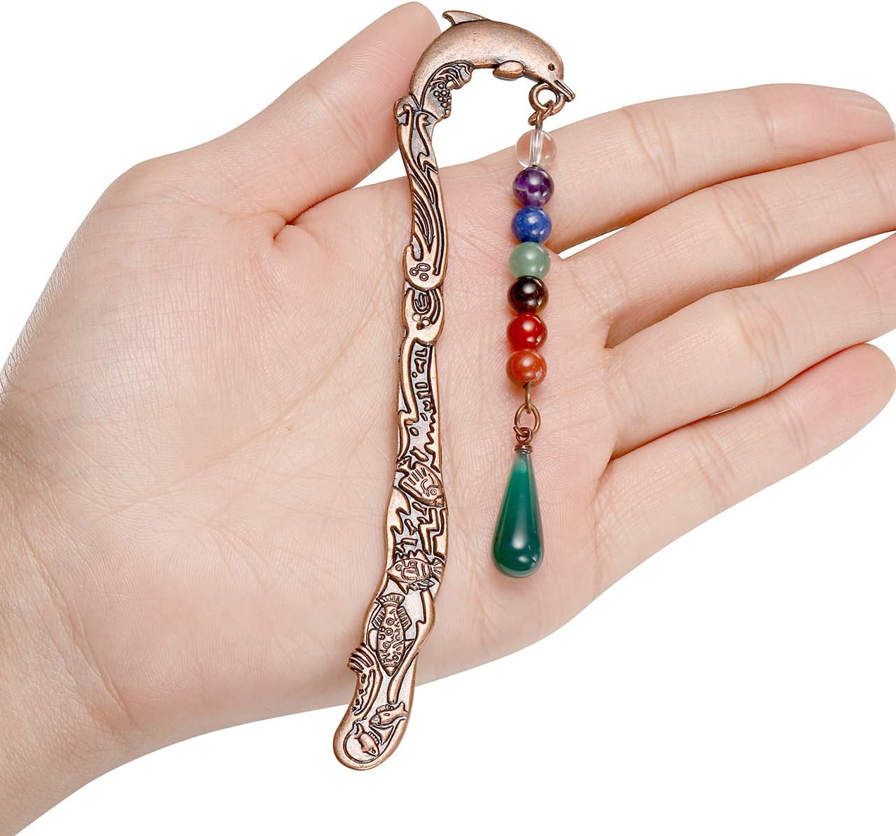 Jovivi 5pcs Antique Copper Metal Bookmark Beading Bookmarks with Handmade 7 Chakra Healing Crystals Tree of Life Tumbled Gemstones Assorted Beads