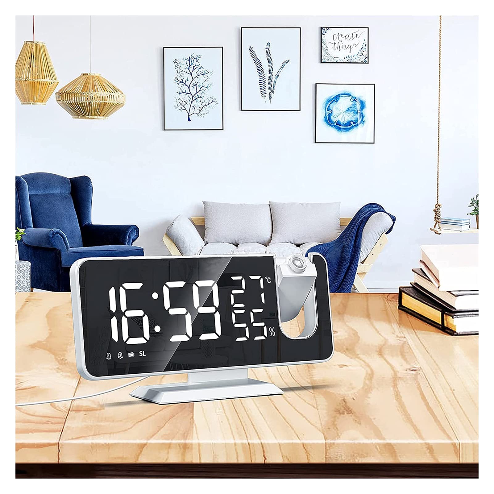 WTL Despertador Reloj de alarma digital de proyección con FM Radio, 7.3 DIRIGIÓ Pantalla de espejo GRAND DIGIT, 180 ° Proyector Modern Mirror Superficie Reloj de alarma con función Snooze / 2 sonidos