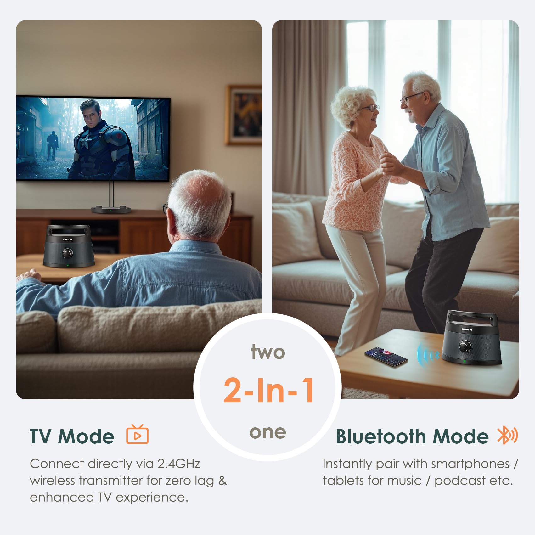 SIMOLIO Enceintes TV sans Fil Seniors Malentendants Bluetooth Haut-parleurs 3 Modes Égalisation Améliorateur Dialogue 164 Pieds