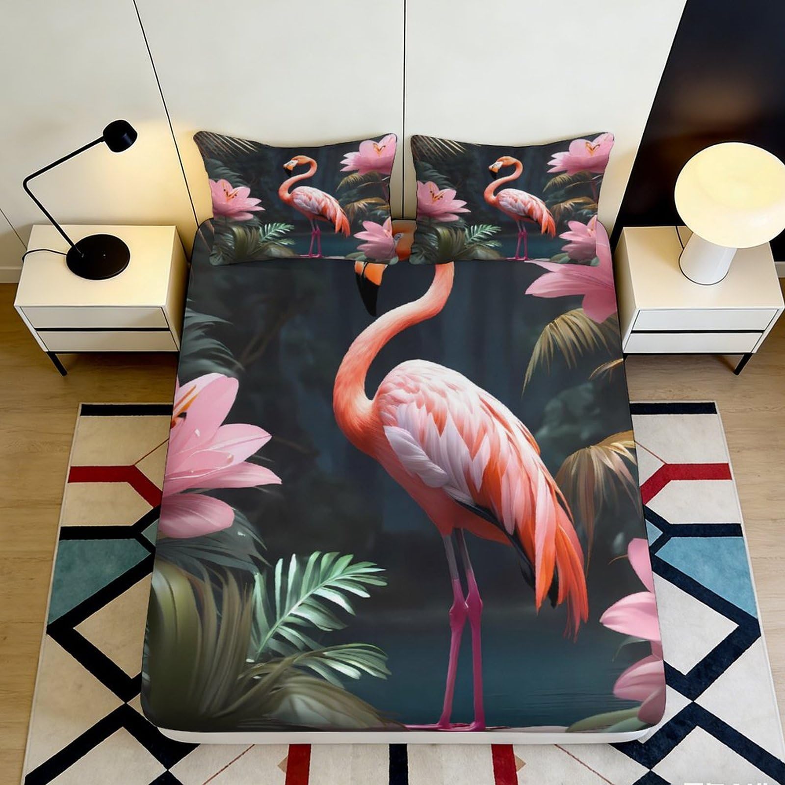 3D Printed Flamingo Tropical Fitted Sheet Microfiber Pink Floral Mattress Cover for Bedroom Guest Room Dorm Decor 90x200x25cm