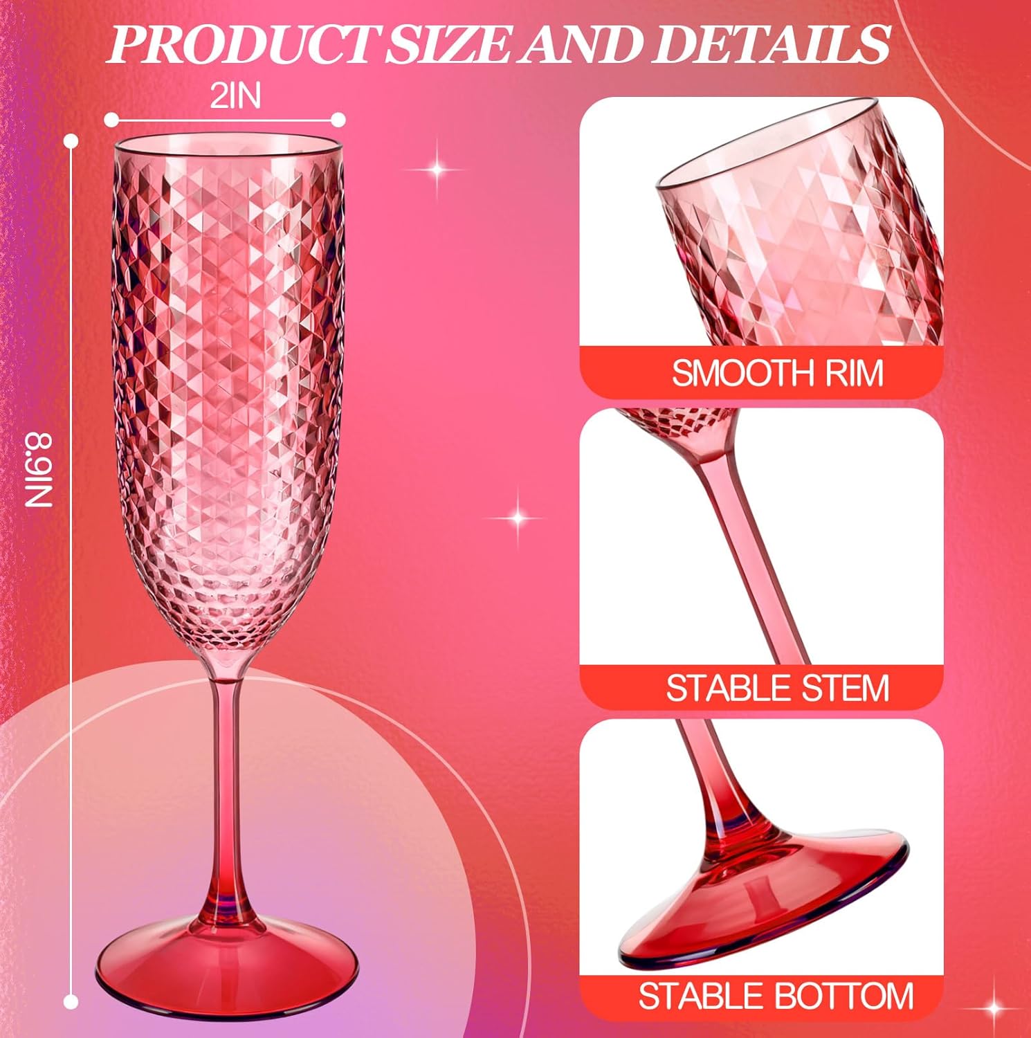Remerry 16 Pcs Pink Plastic Champagne Flutes Vintage Champagne Glasses Bulk 5.5oz Mimosa Toasting Glasses Diamond Crystal Wine Cups Stemmed Reusable Drinking Cups for Christmas Winter New Years Party - Image 3