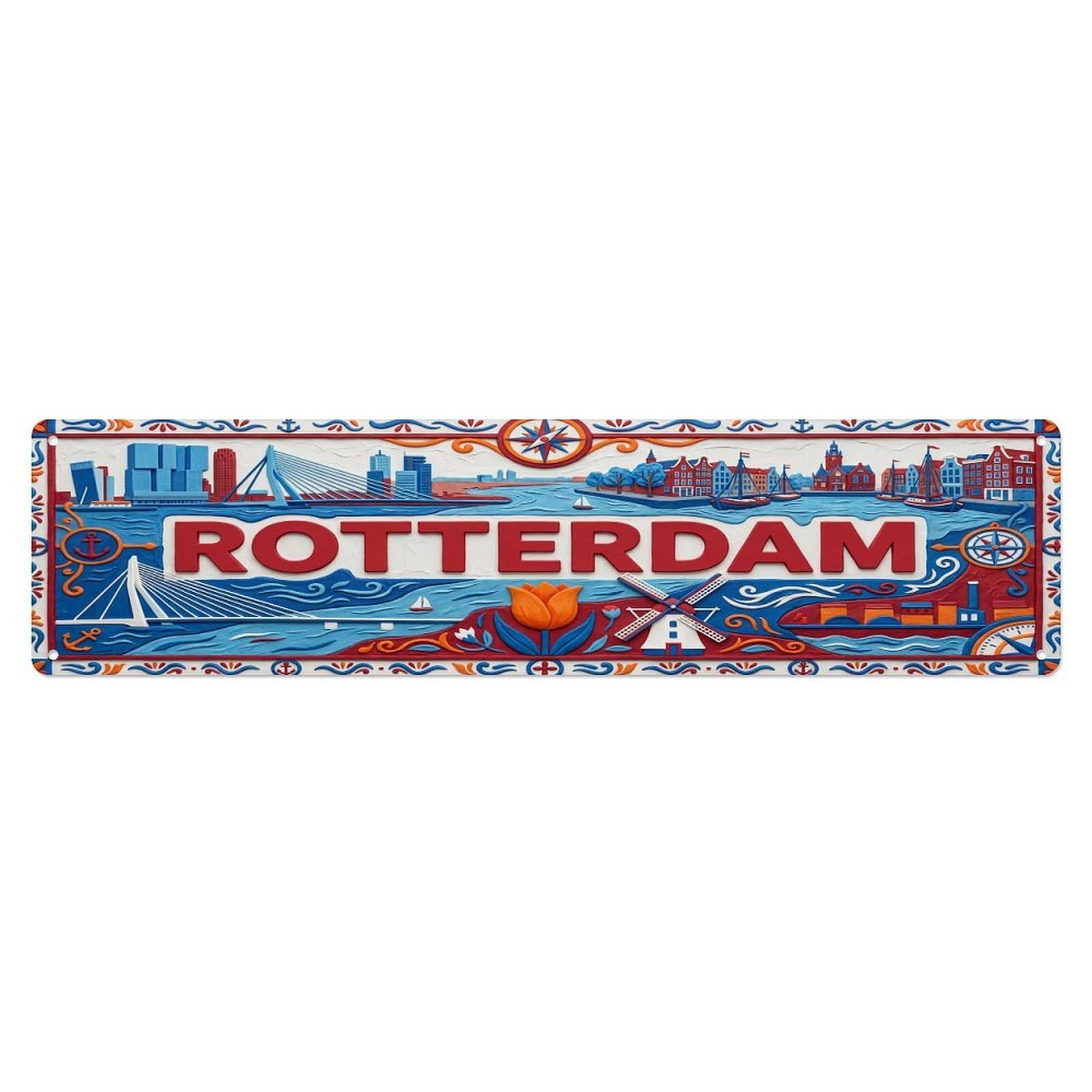Cwbufd Vintage Style Vintage Rotterdam Netherlands Flag Pattern Vintage Metal Tin Sign Plaque Wall Decor For Cafe, Club Bar, Office, Garden Metal Poster 4X16inch