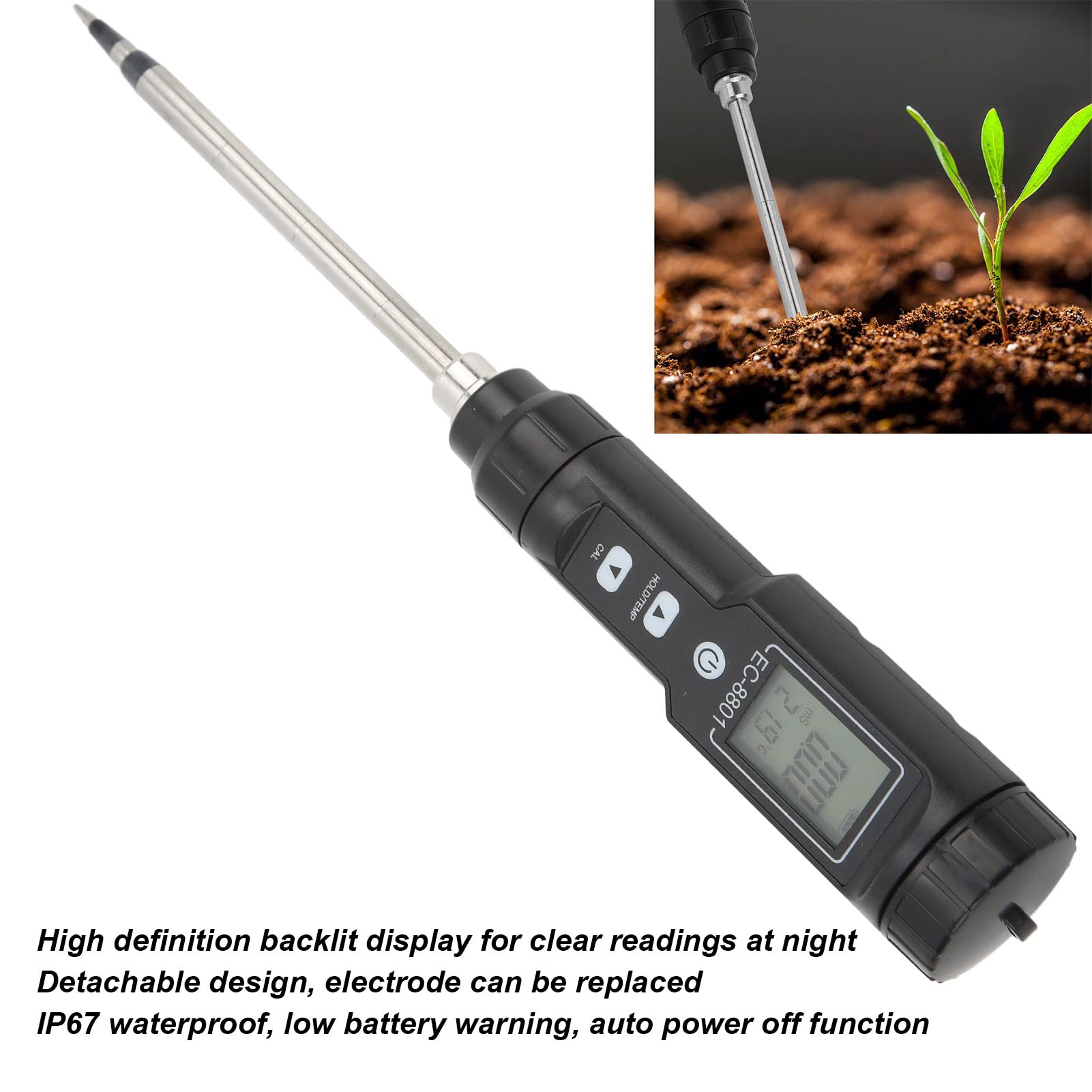 Detector del suelo Torvex, medidor de conductividad EC -8801 con sensor de temperatura y probador de suelo digital para el monitoreo del jardín