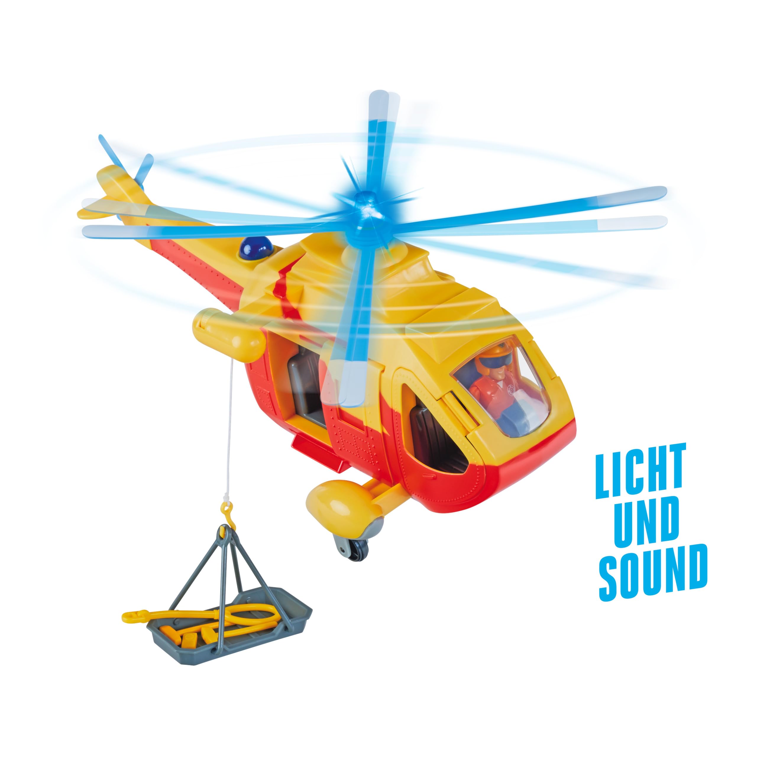 Simba Bombero Sam Helicóptero Wallaby II Update, Rotor automático, luz, Sonido, cabrestante, Figura de Tom, Accesorios, 34 cm, a Partir de 3 años