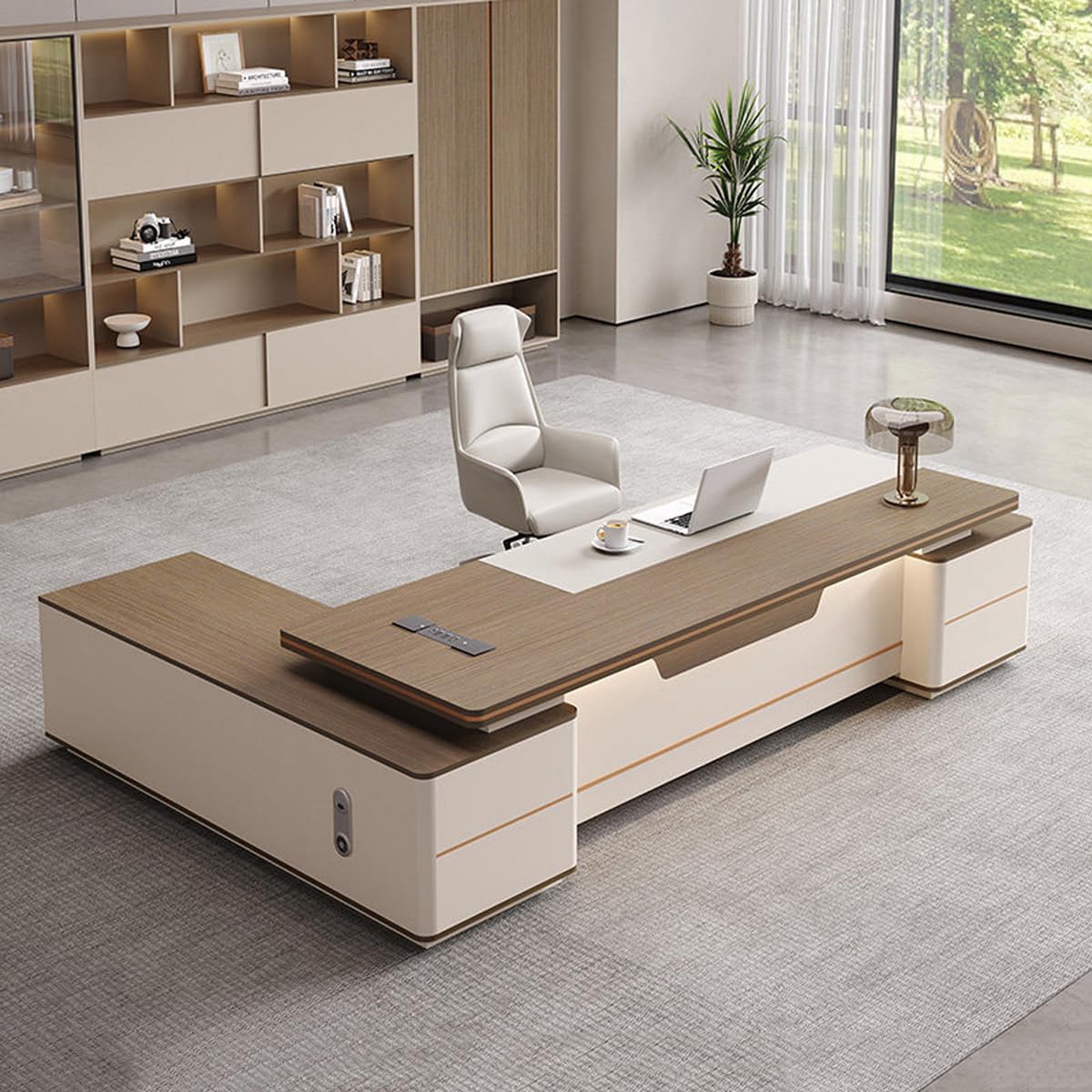 DUWEIKE Executive Desk with Storage Cabinet, Large L-Shaped Writing Computer Desk, Modern Wood Business Furniture for Home Office,2.0m