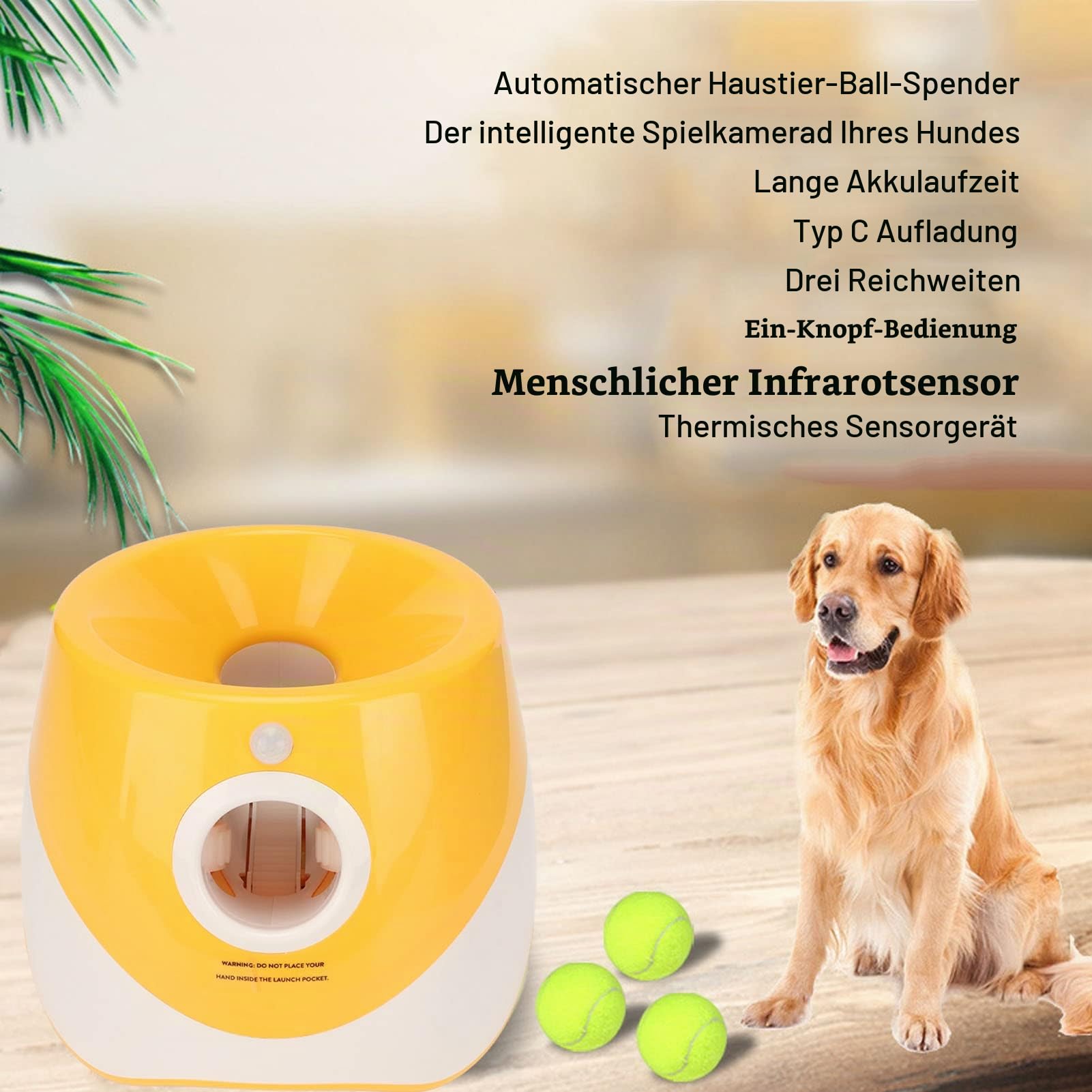 Automatischer Ballwerfer für Hunde, mit 3 Tennisbälle, Interaktiver Hundespielzeug, Hundeballwurfmaschine, 3 Bereichsmodi, Haustiere Wurfspiel für draußen drinnen