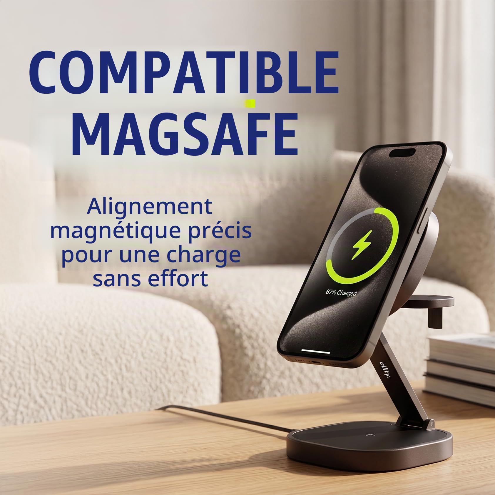 Chargeur 3 en 1 25 W - Station de Charge sans Fil Pliable pour iPhone, Apple Watch et AirPods - Mini Support de Charge sans Fil avec LED et USB-C - Compatible avec Qi et MagSafe - Graphite