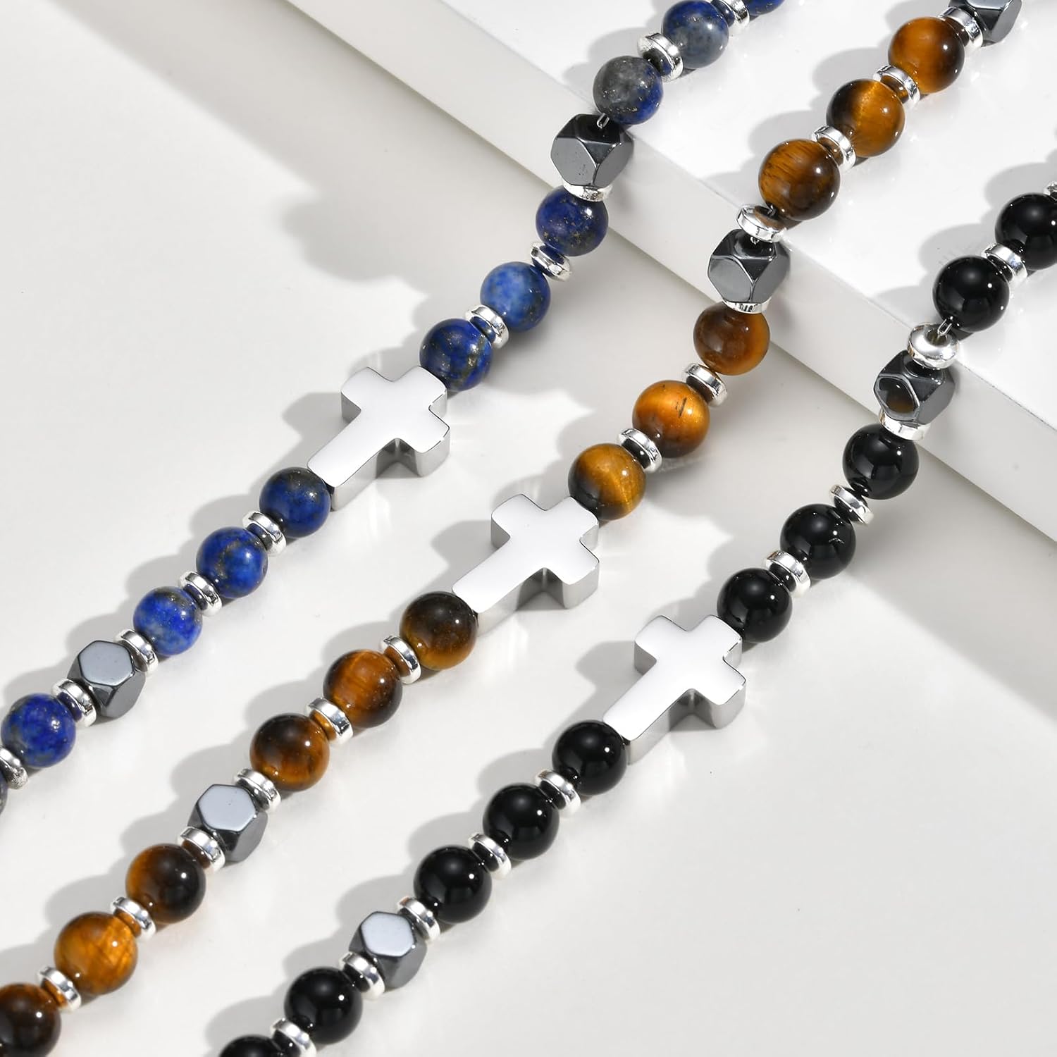 Birthday Valentine's Day Gift for Men Cross Boho Bracelets for Men Women, Beaded Chain Stainless Steel Cross Charms Men's Bracelet Faith Religious Easter Catholic Christian Jewelry Gift - Image 4