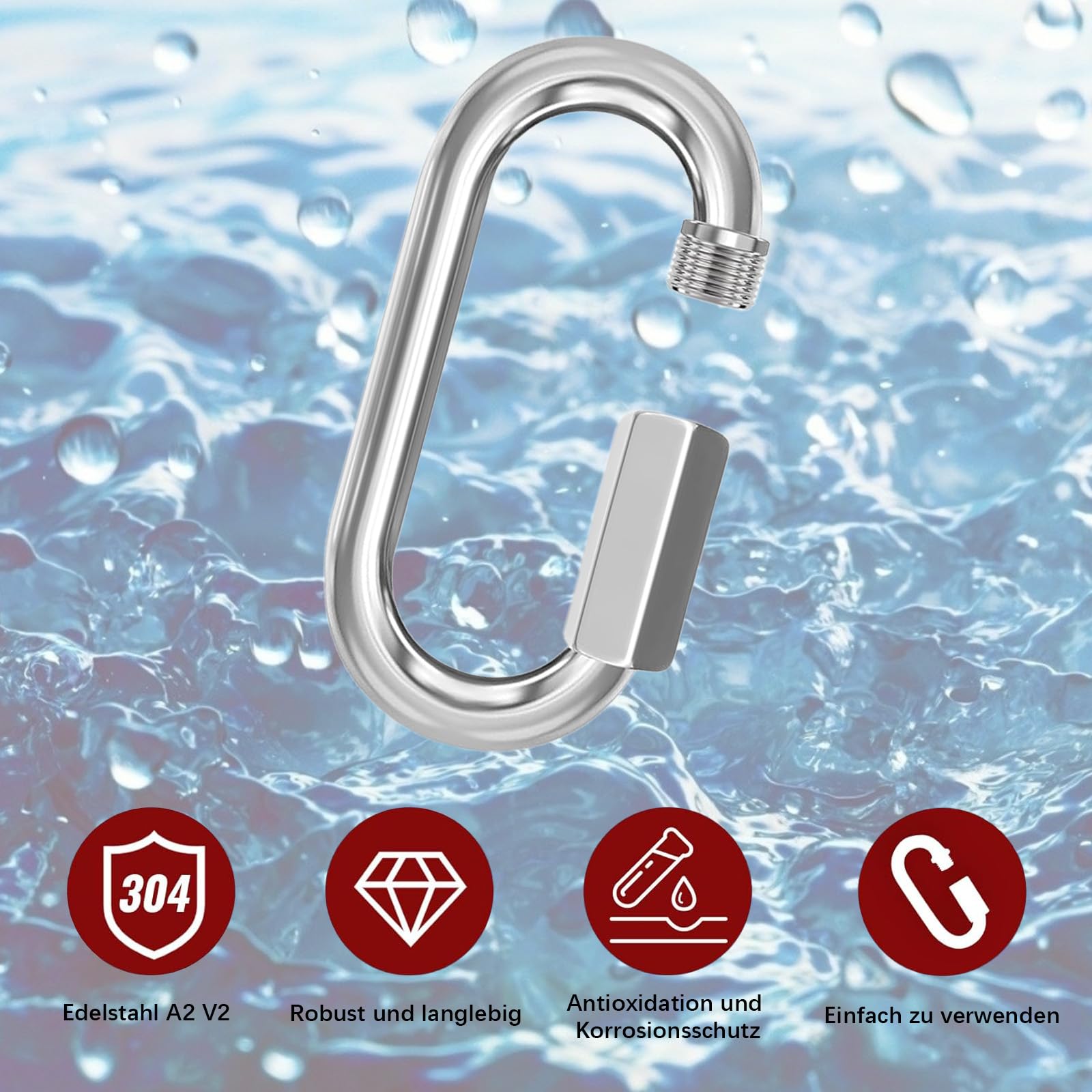 ORTAVA 4 moschettoni a vite, moschettone in acciaio inox, per esterni, altalena, campeggio ed escursionismo, catena in acciaio inox A2 V2