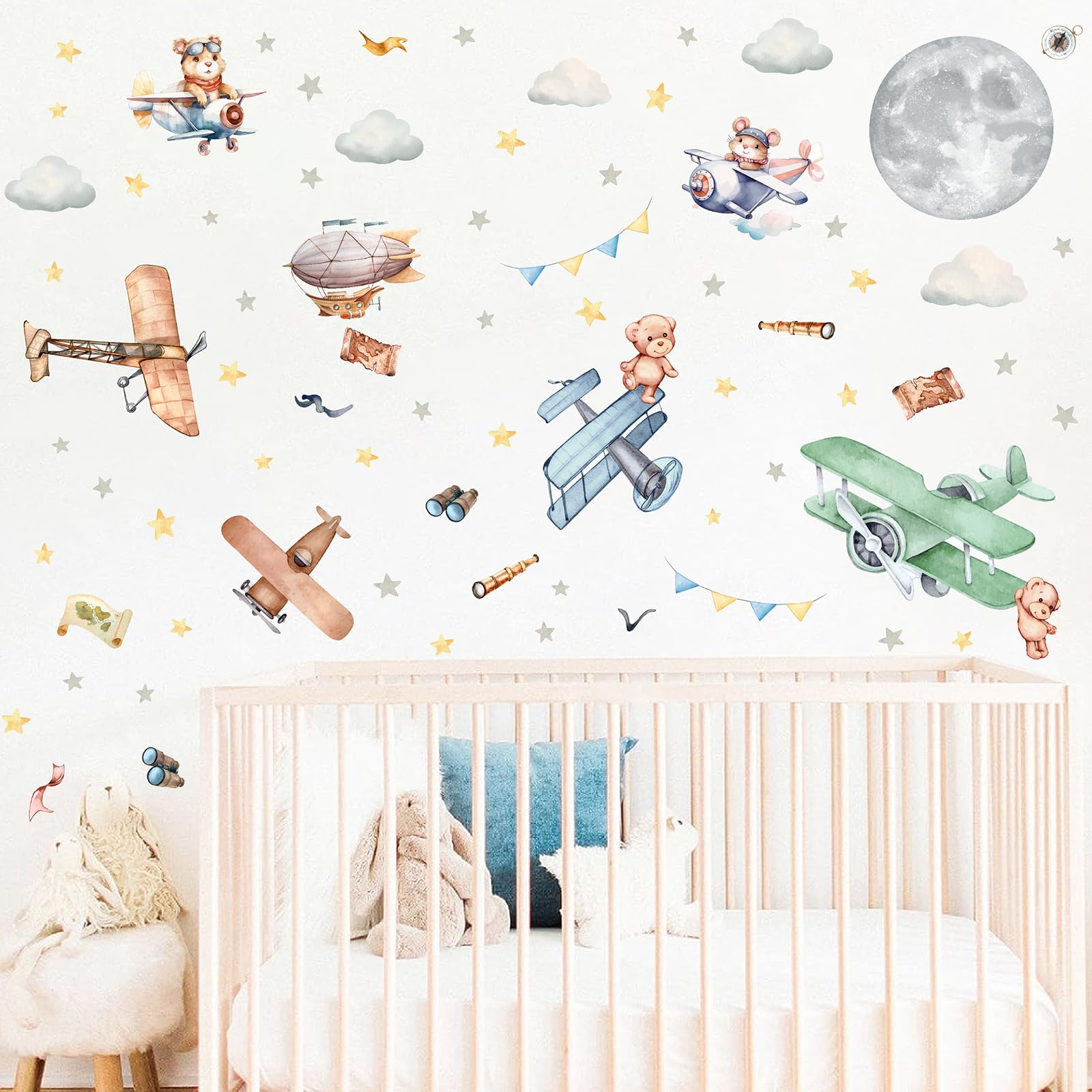 Autocollants muraux vintage en forme d'avion, avion, ballon, animal, lune, étoile, nuage, autocollants muraux en tissu pour chambre de garçon, chambre d'enfant, chambre d'enfant