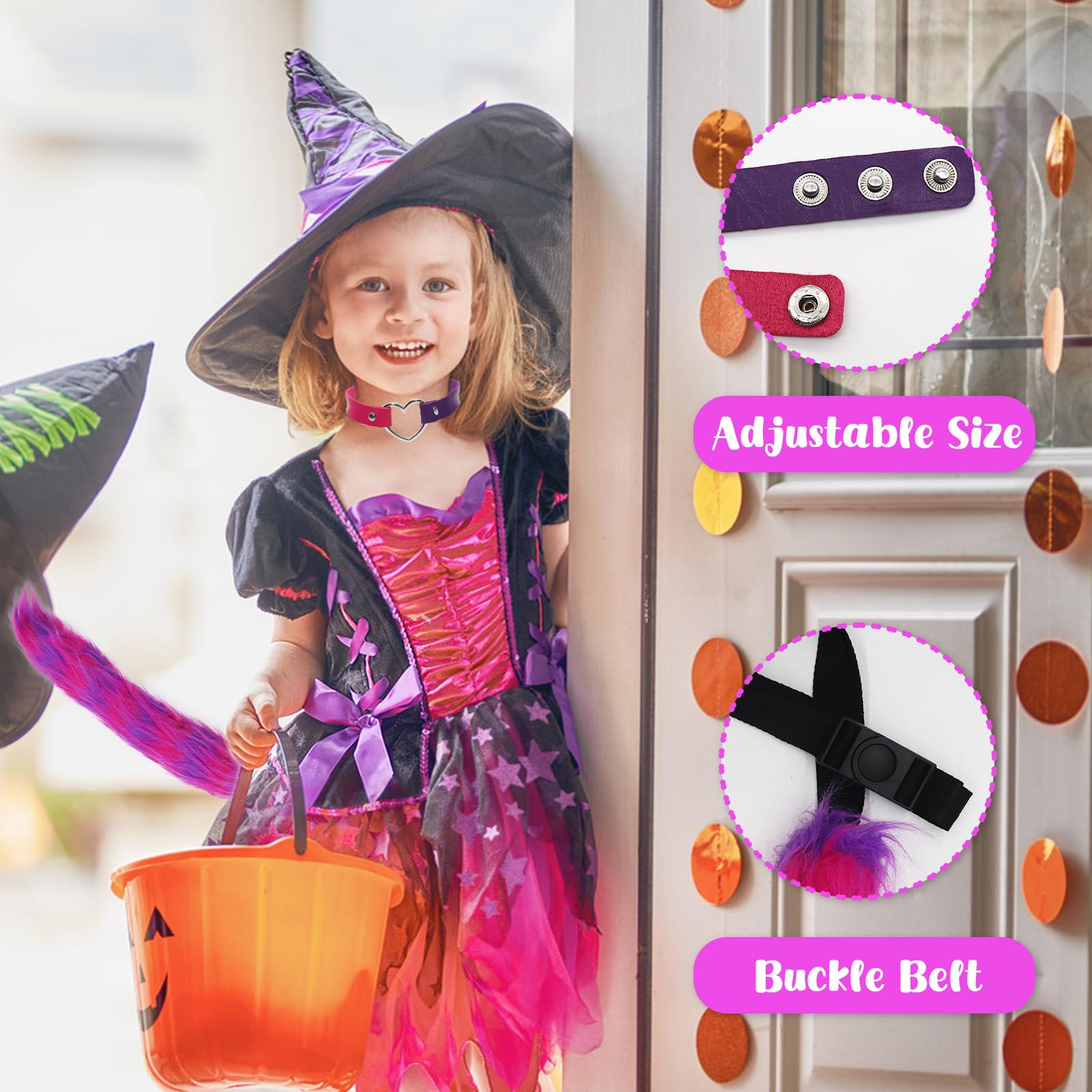 GLGHMH 7PCS Pink Purple Striped Cat Costume, Fluffy Faux Fur Fox Cat Ears Hair Headband Socks Tail Gloves Choker Set - Image 4