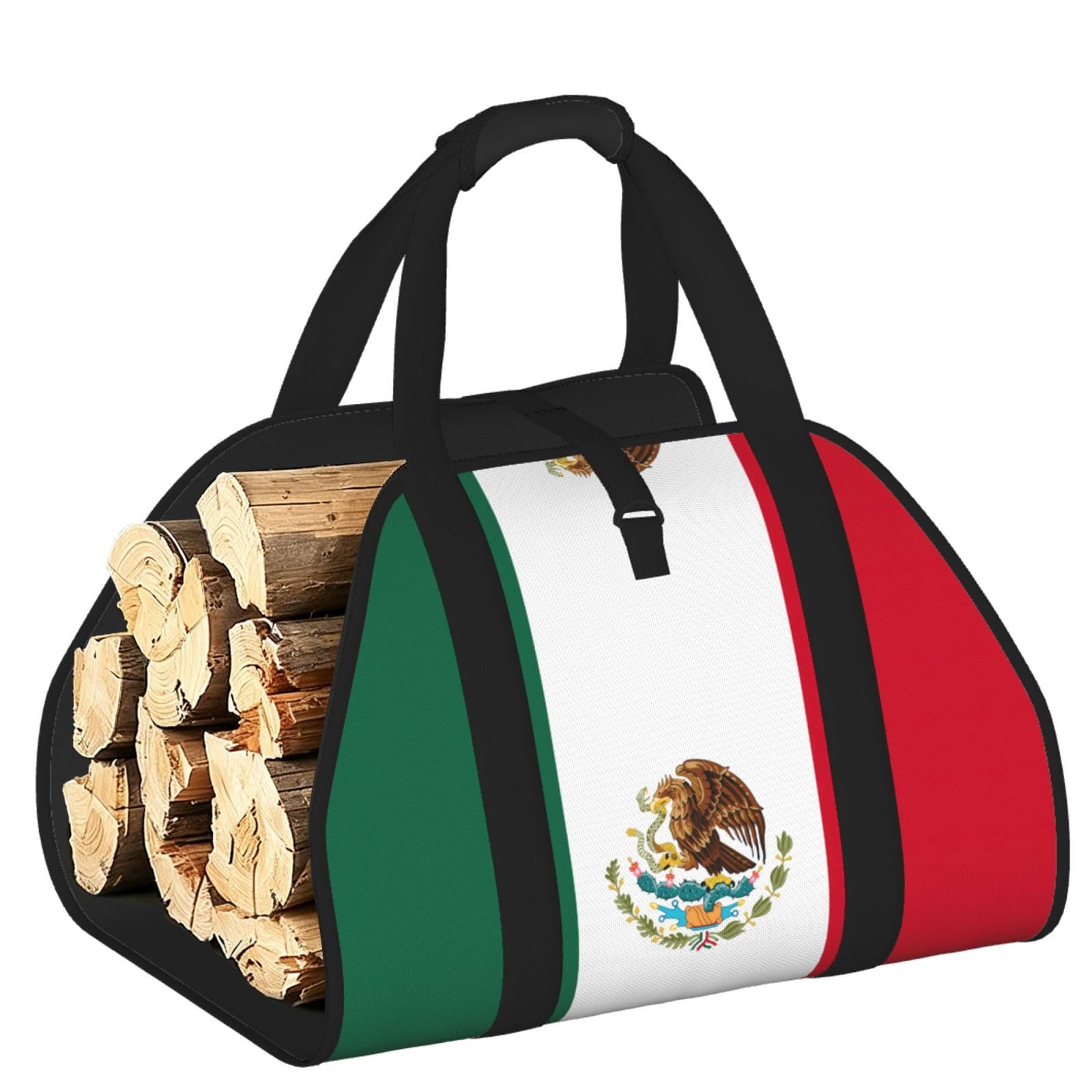 Flag of Mexico Printed Firewood Log Carrier, Large Tote Bag with Reinforced Handles for Camping Fireplace Home