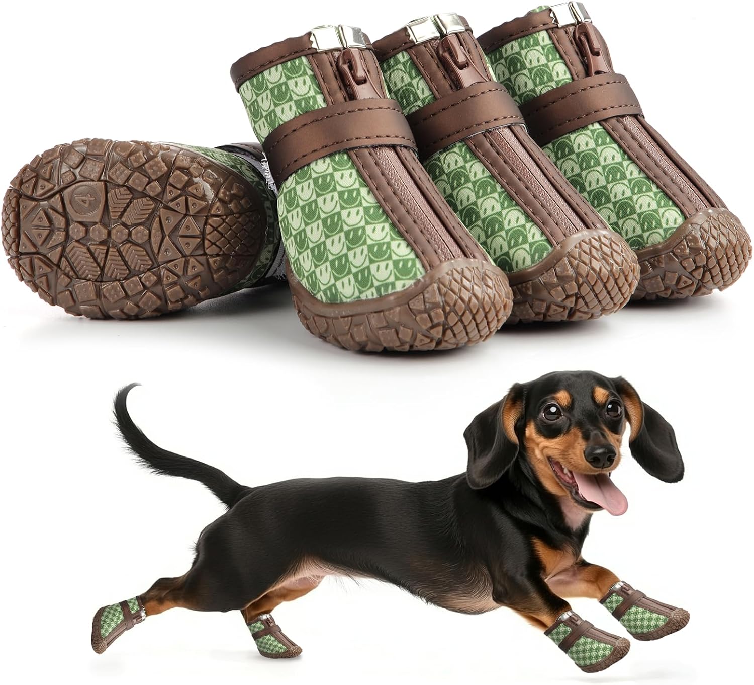 Small Dog Shoes, Waterproof Puppy Boots & Paw Protectors for Winter Snow, Summer Hot Pavement, Dog Booties with Anti-Slip Rubber Soles for Hardwood Floors Green & Brown Size 4
