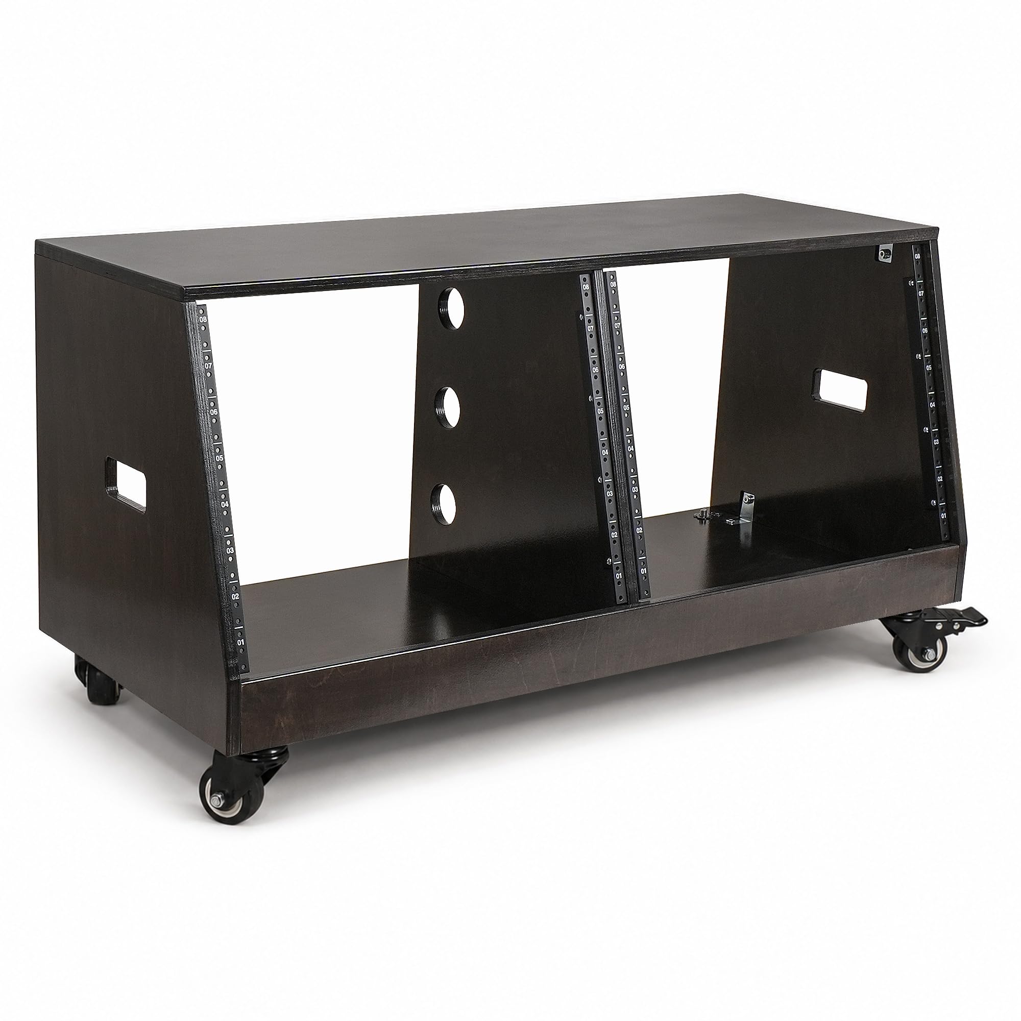 Sound Town DIY 2 x 8U Slanted Double-Bay Studio Rack with Casters for Home Studio and Recording Room, Baltic Birch Plywood, Black Espresso (SDRK-D8TD)