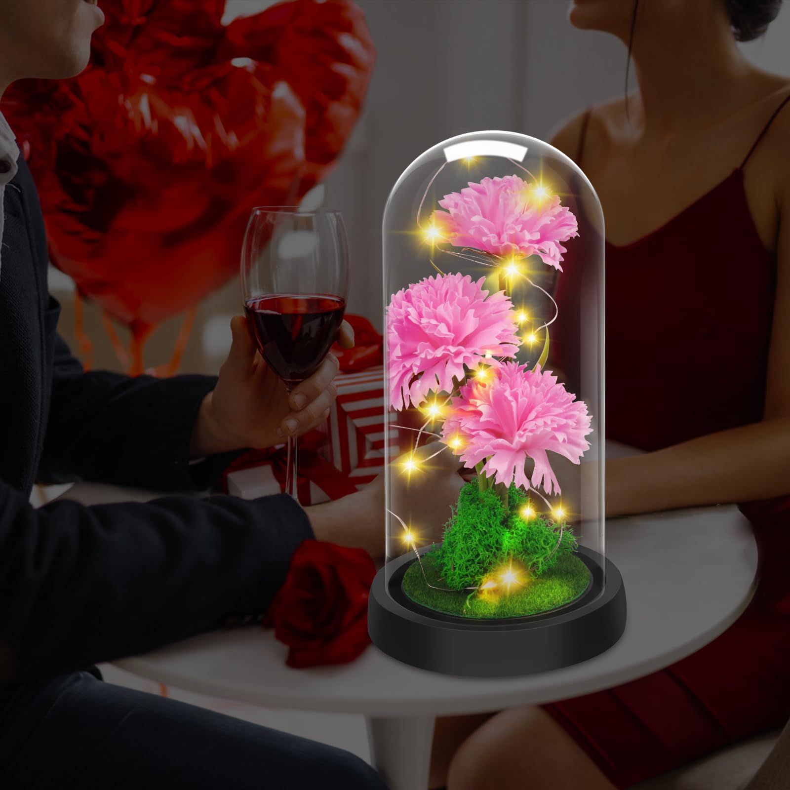 Touloube Regalo di San Valentino Fiori di Garofano per Donna, Fiore di Garofano in Cupola di Vetro, Regalo Anniversario, Compleanno,Guarigione, Fiore Artificiale Regalo per Donne Mamma Moglie