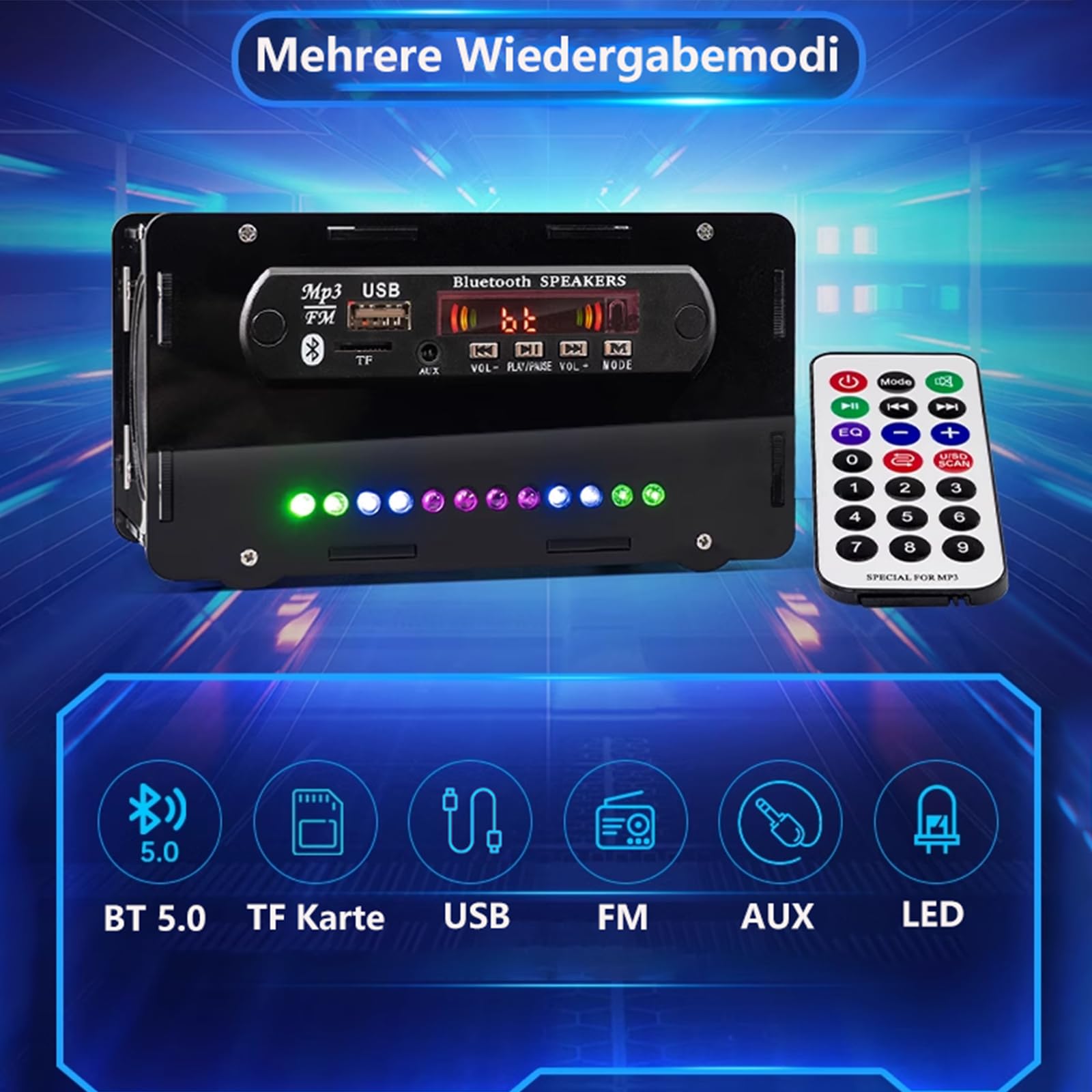 Elektroniczny głośnik Bluetooth z radiem FM, zestaw do lutowania DIY, czarny, projekt odtwarzacza muzyki z pilotem zdalnego sterowania z kolorowymi diodami LED sterowanymi dźwiękiem i obudową