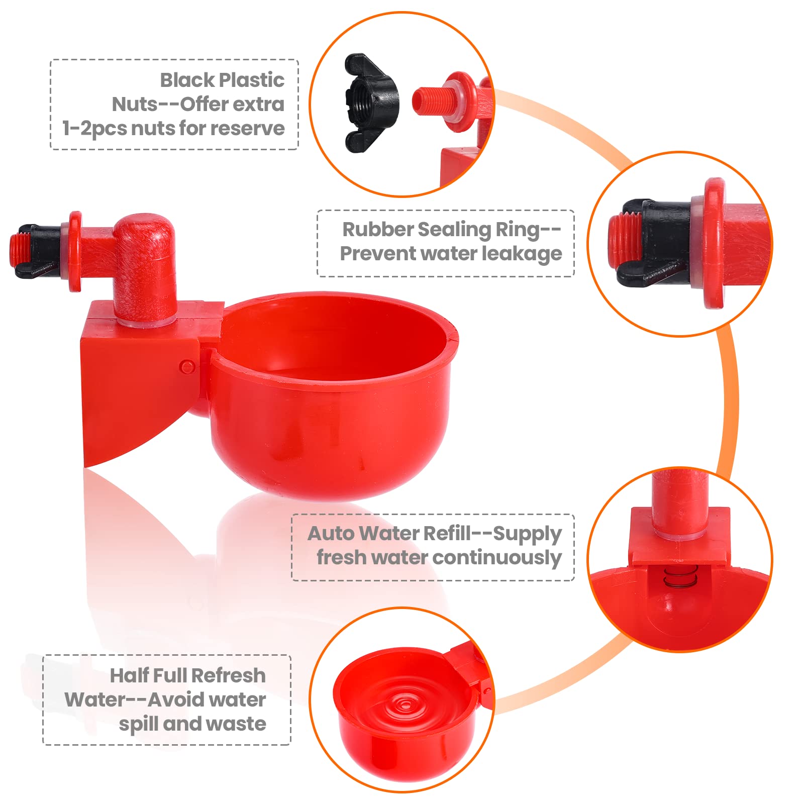 Regadera de pollo, tazas de agua de pollo para aves de corral, llenado automático de gravedad de pollo con sierra perforadora para cubos, cajas y comederos (paquete de 24)
