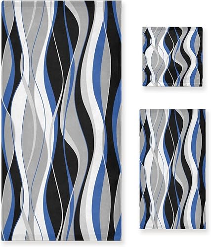PATINISA Juego de 3 toallas de baño, azul y negro, rayas grises y blancas, juego de toallas de baño decoractivas, 1 toalla de baño, 1 toalla de