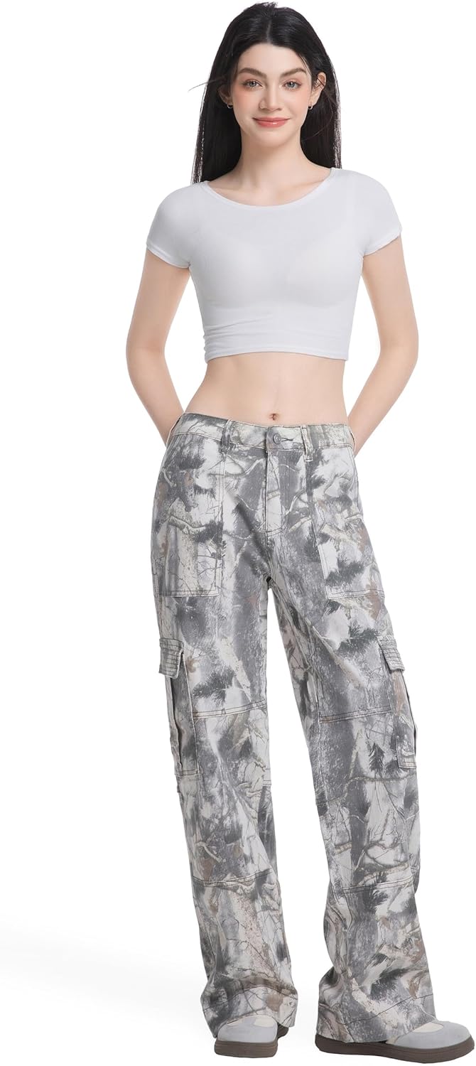 Women Camouflage Cargo Pants Straight Wide Leg Trousers Jeans with Pockets